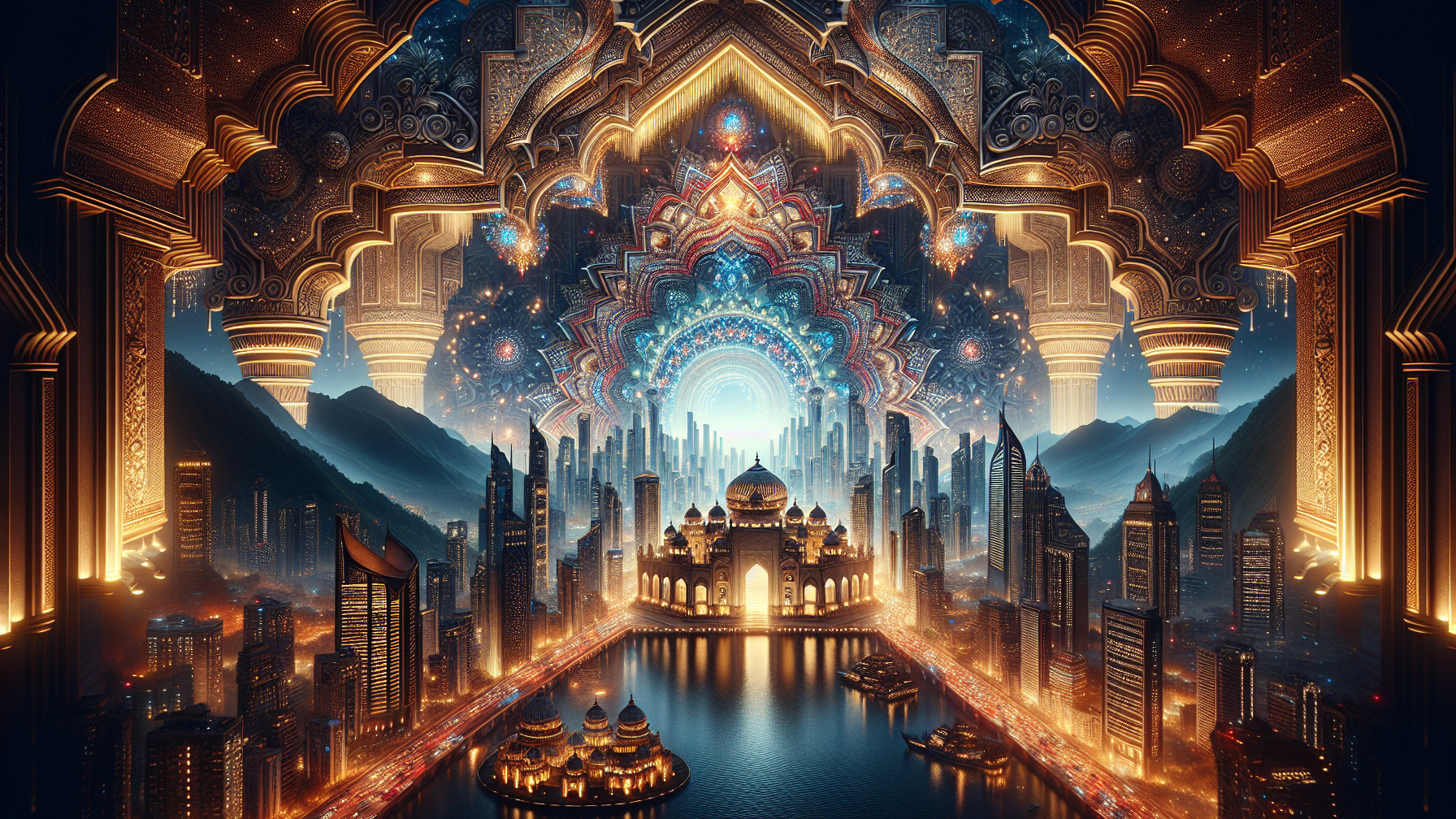 Futuristic cityscape with majestic architecture and waterway