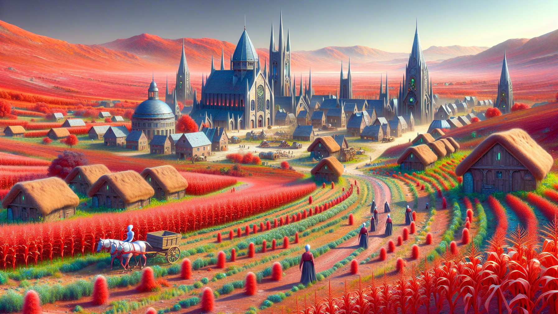 Vibrant Fantastical Landscape with Gothic City and Villages