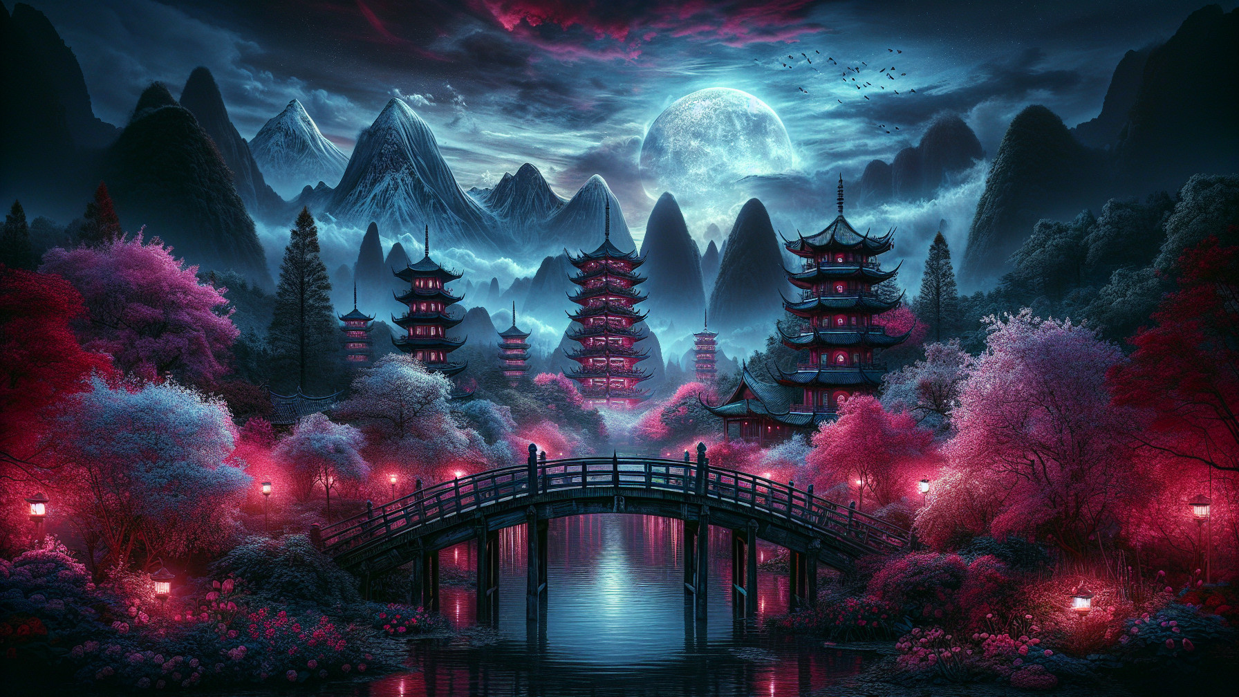 Serene Landscape with Pagodas and Cherry Blossoms