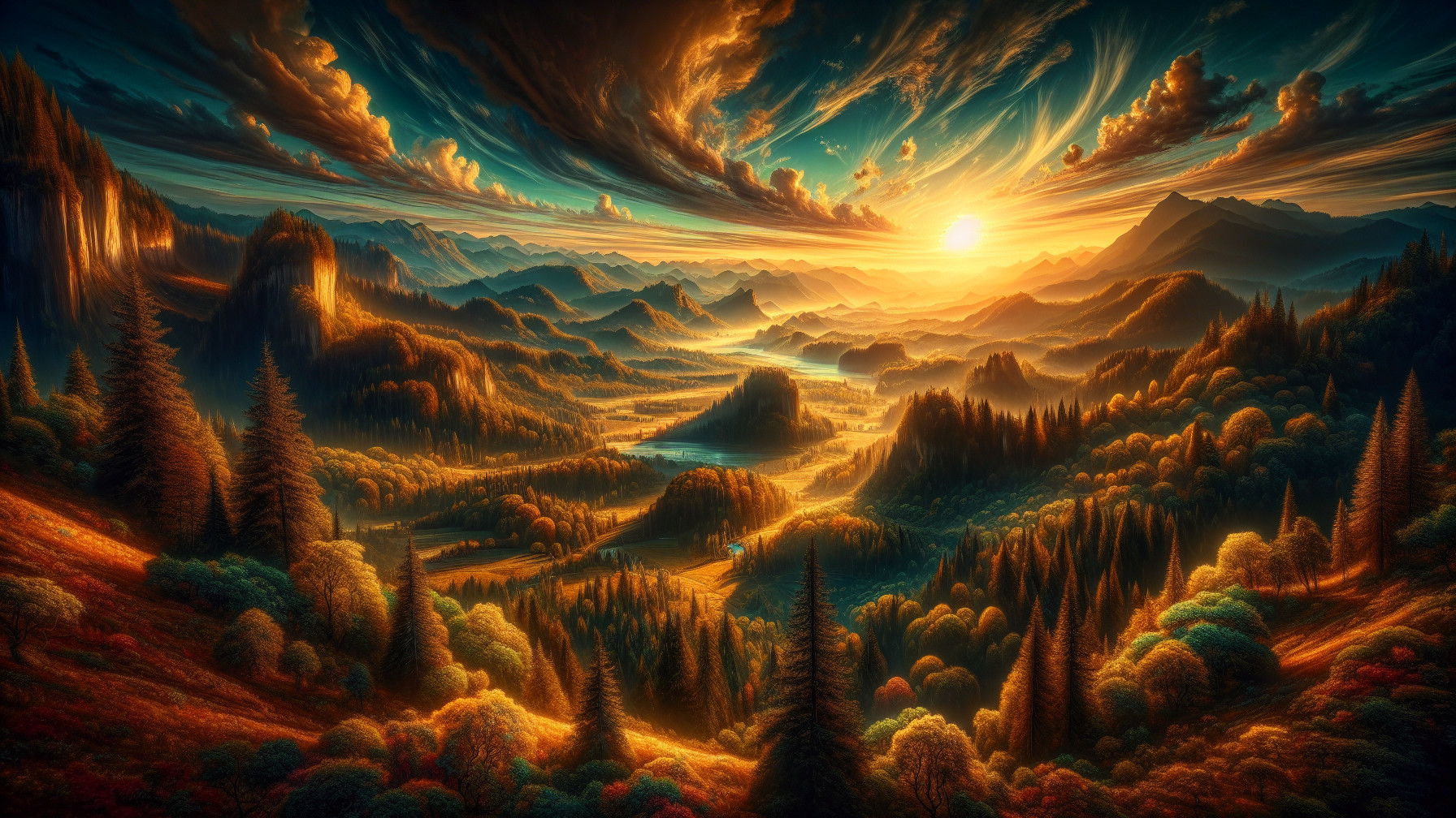 Sunset Landscape with Rolling Hills and Mountains