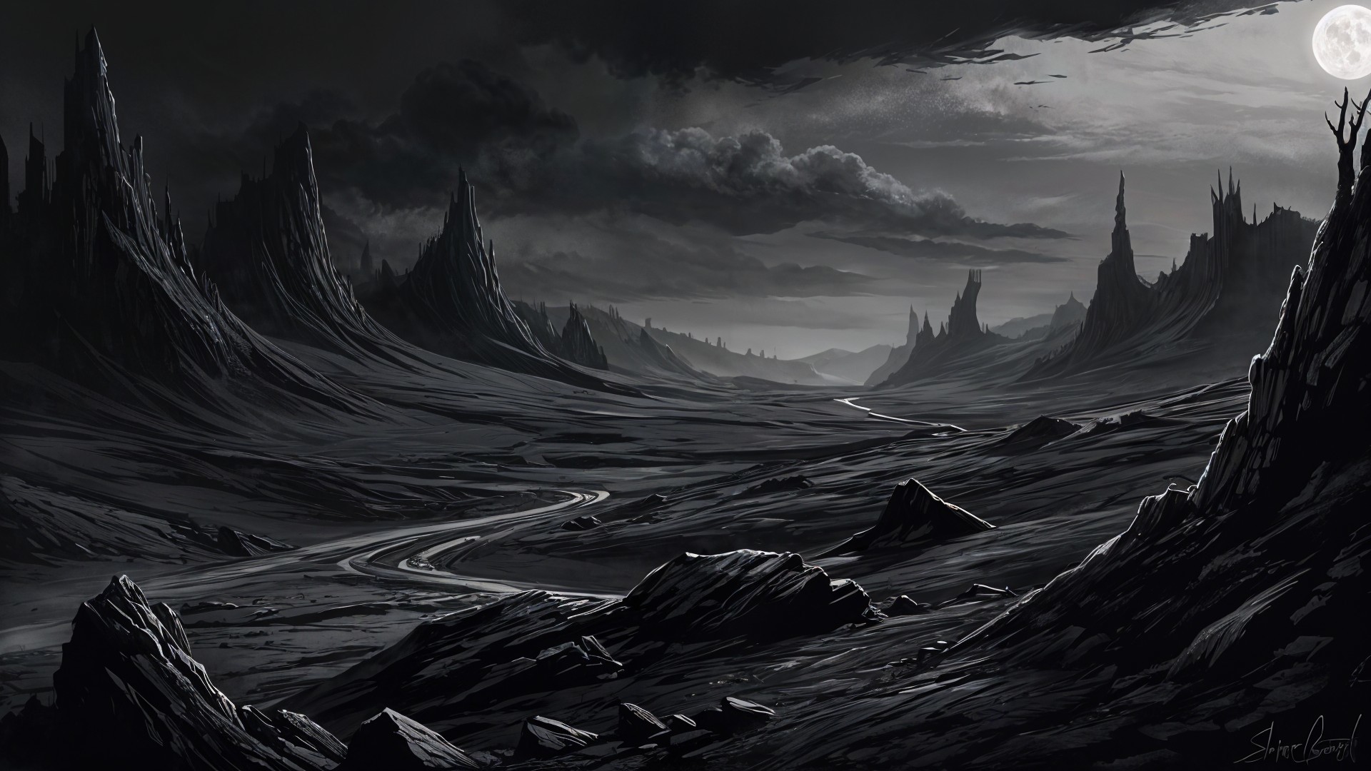 Desolate Landscape with Dramatic Sky and Moonlight