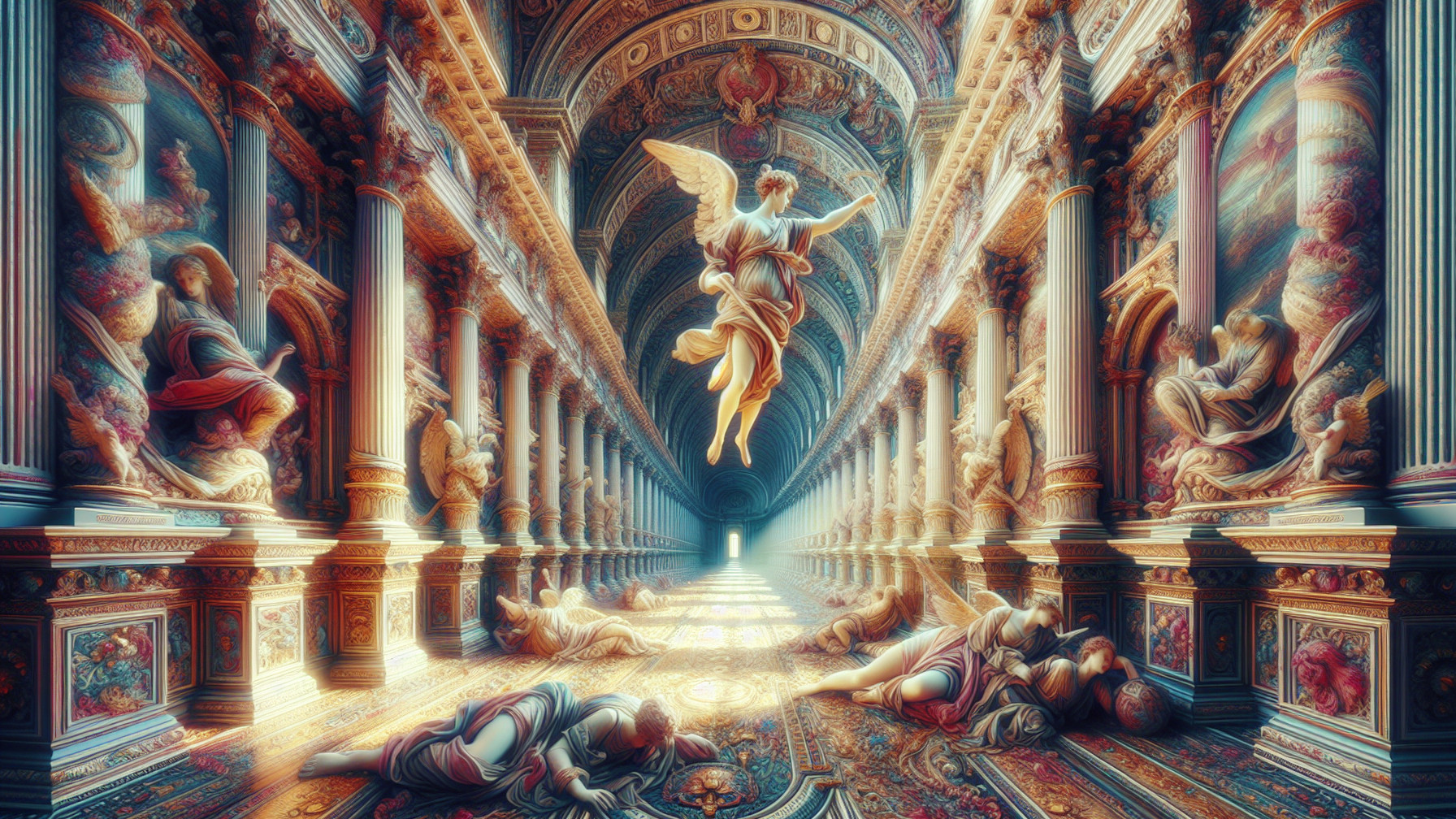 Ethereal Hall with Majestic Columns and Angelic Figure