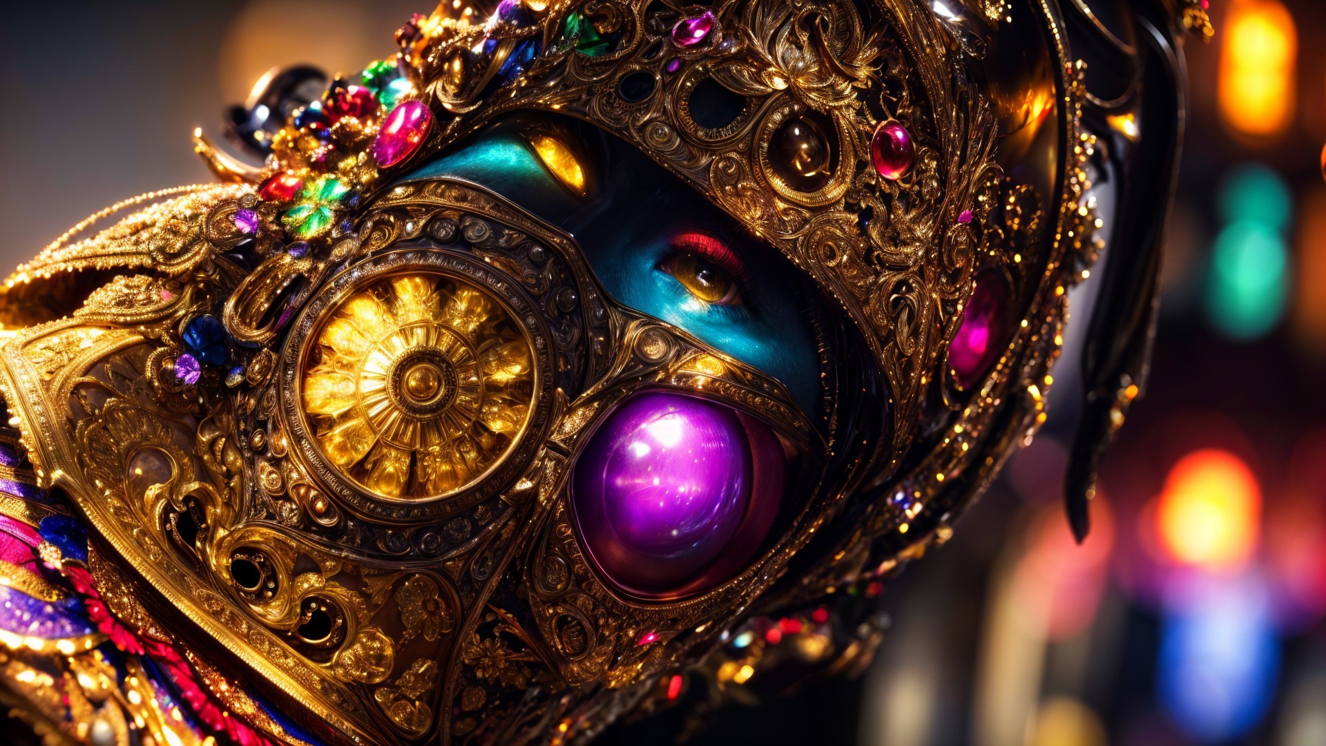 Ornate golden mask with vibrant jewels and detailing