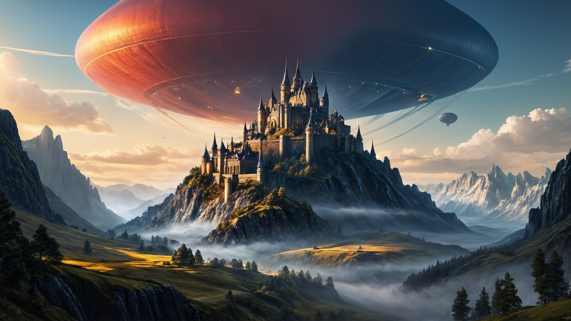 Medieval Castle with Futuristic Saucer Overhead