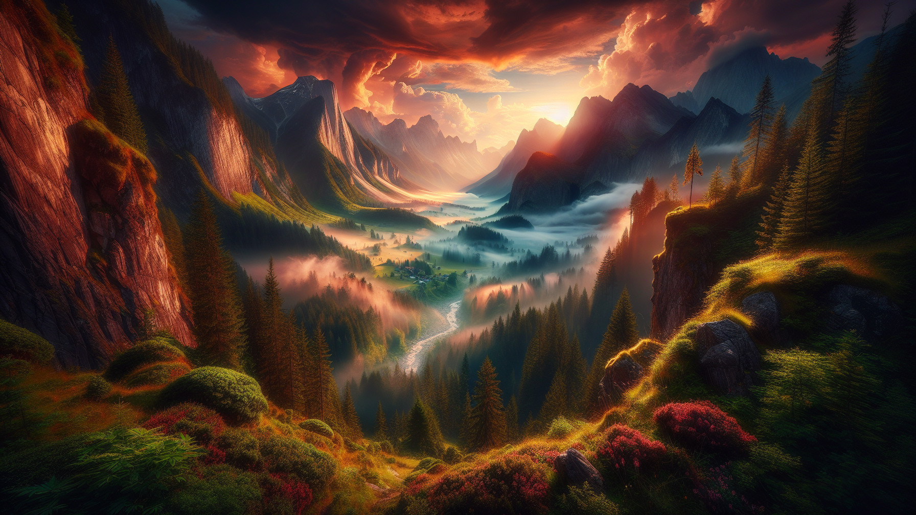 Sunset Landscape with Mountains, Valley, and River