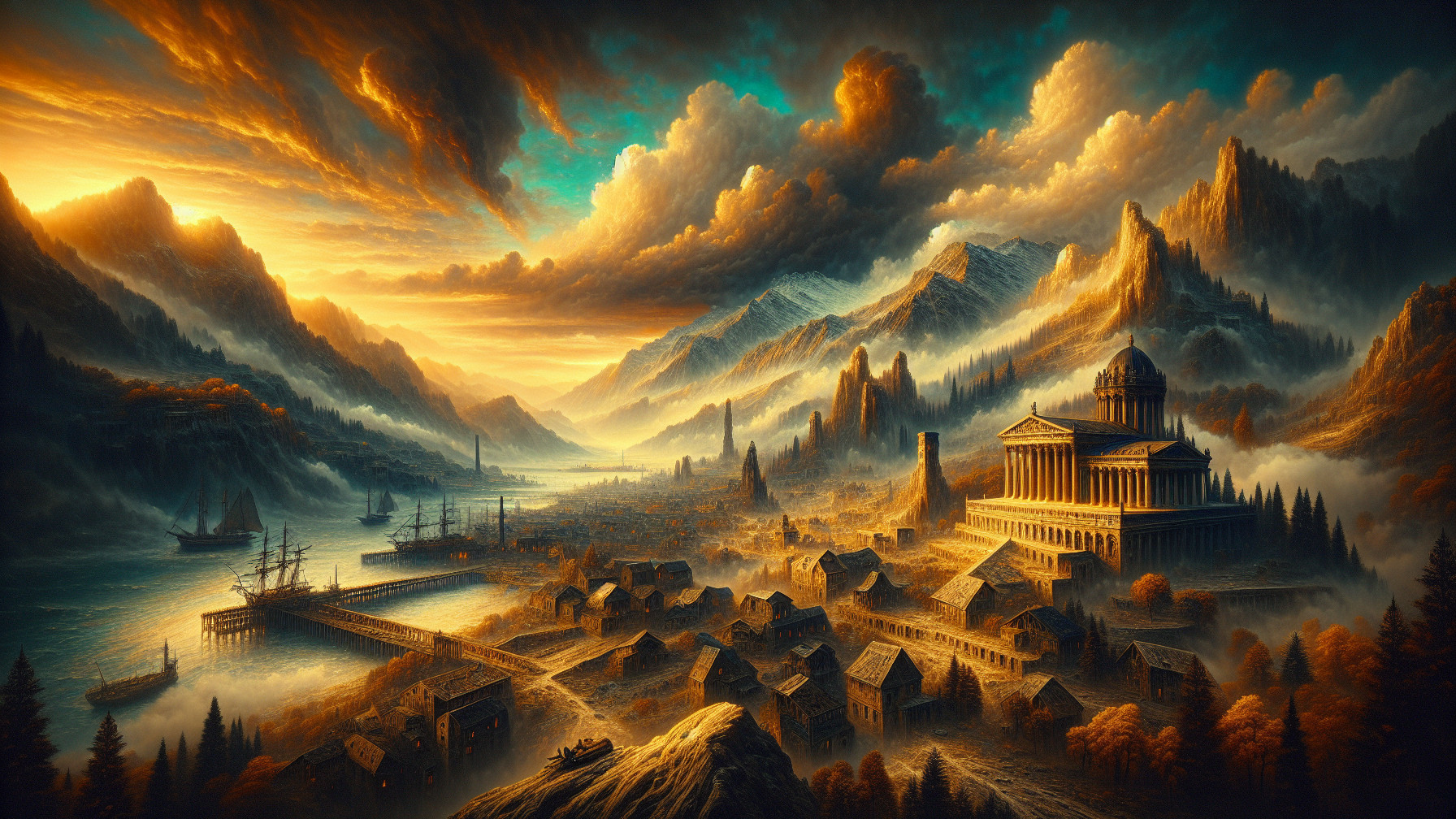 Ancient City Landscape with Mountains and River