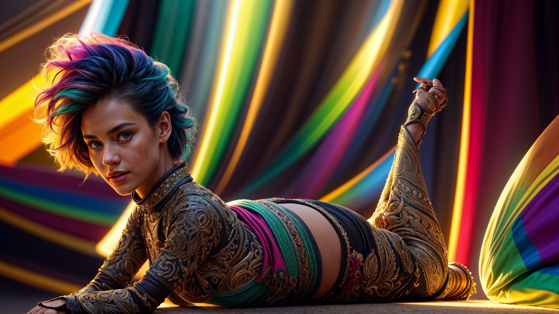 Graceful figure in golden attire with colorful backdrop