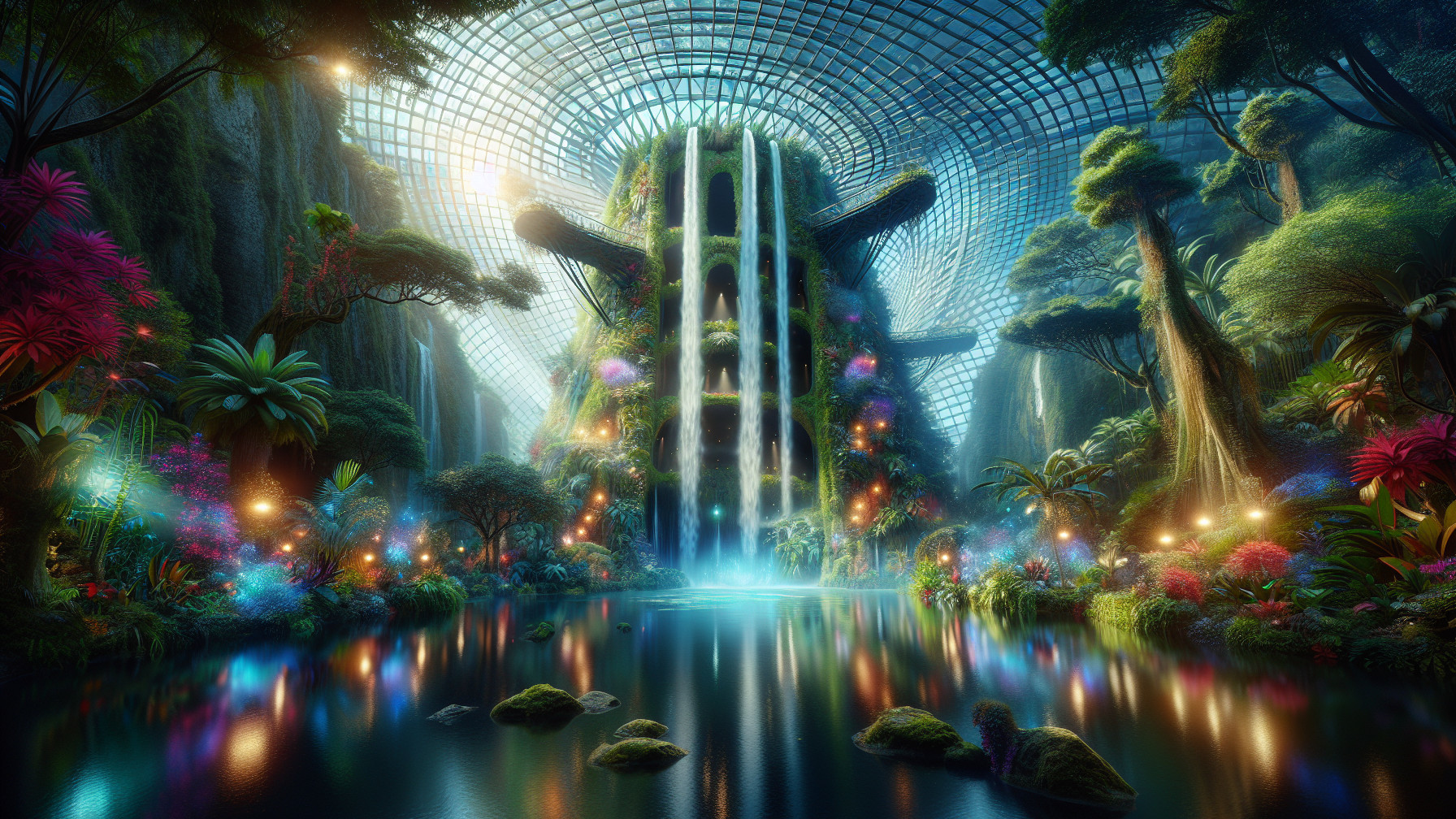 Lush Forest Under Glass Dome with Waterfalls and Lights