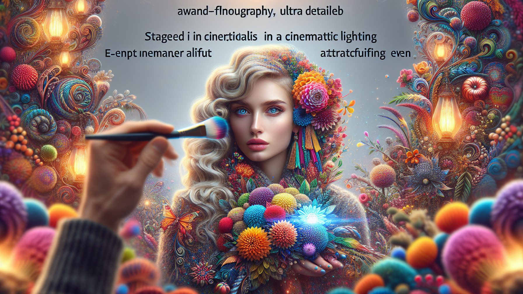 Vibrant Woman Portrait with Colorful Flowers and Orbs