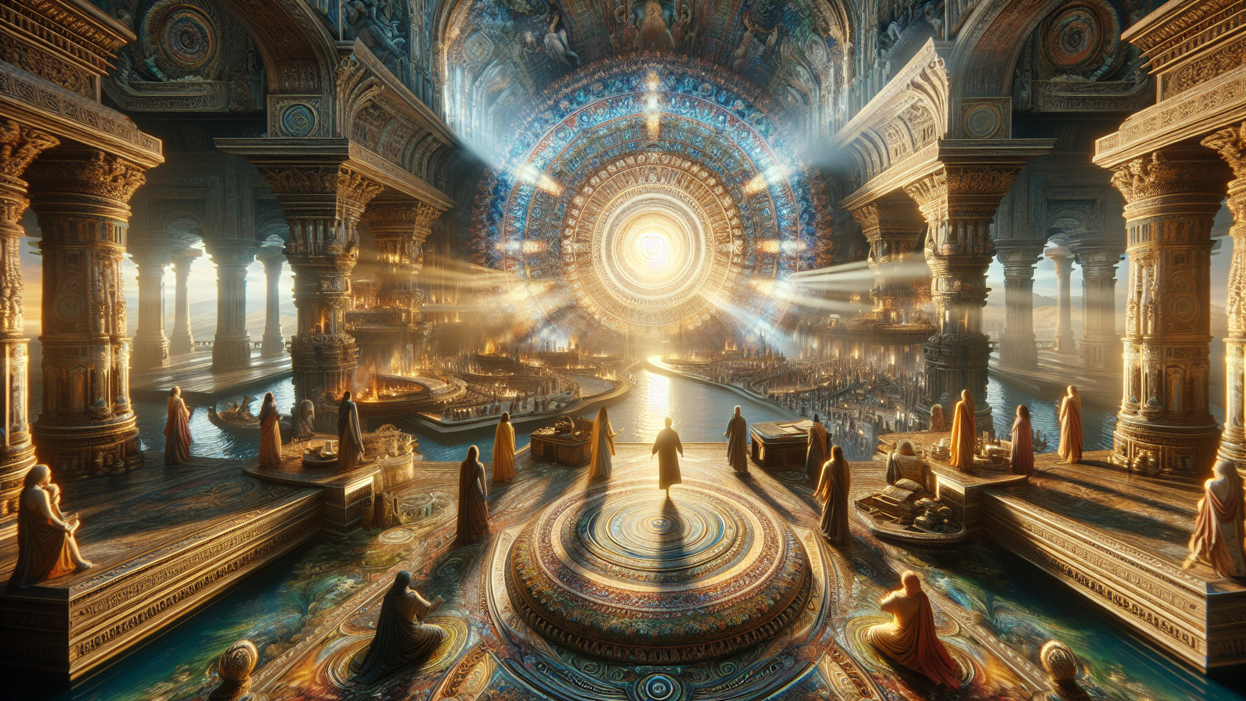 Ethereal Hall with Ancient Architecture and Mystical Atmosphere