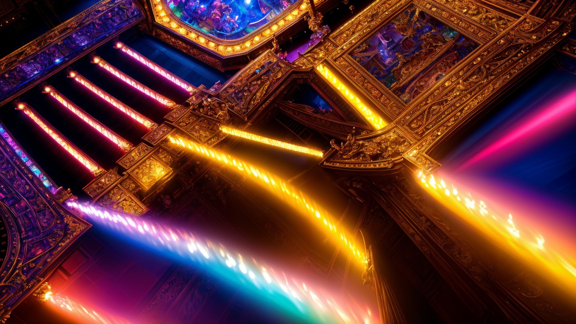 Grand hall interior with ornate golden architecture