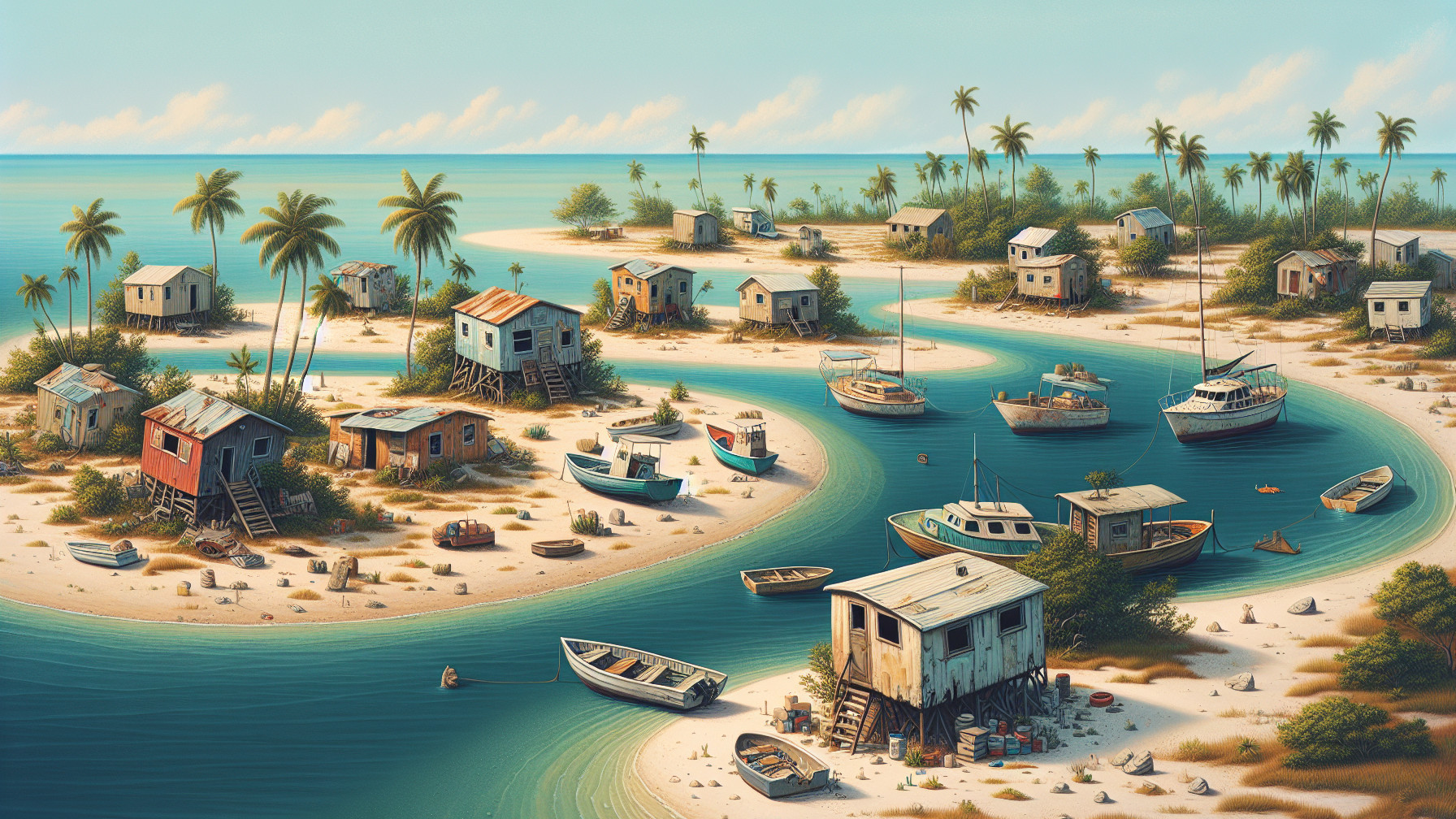 Coastal Scene with Colorful Stilt Houses and Lagoon