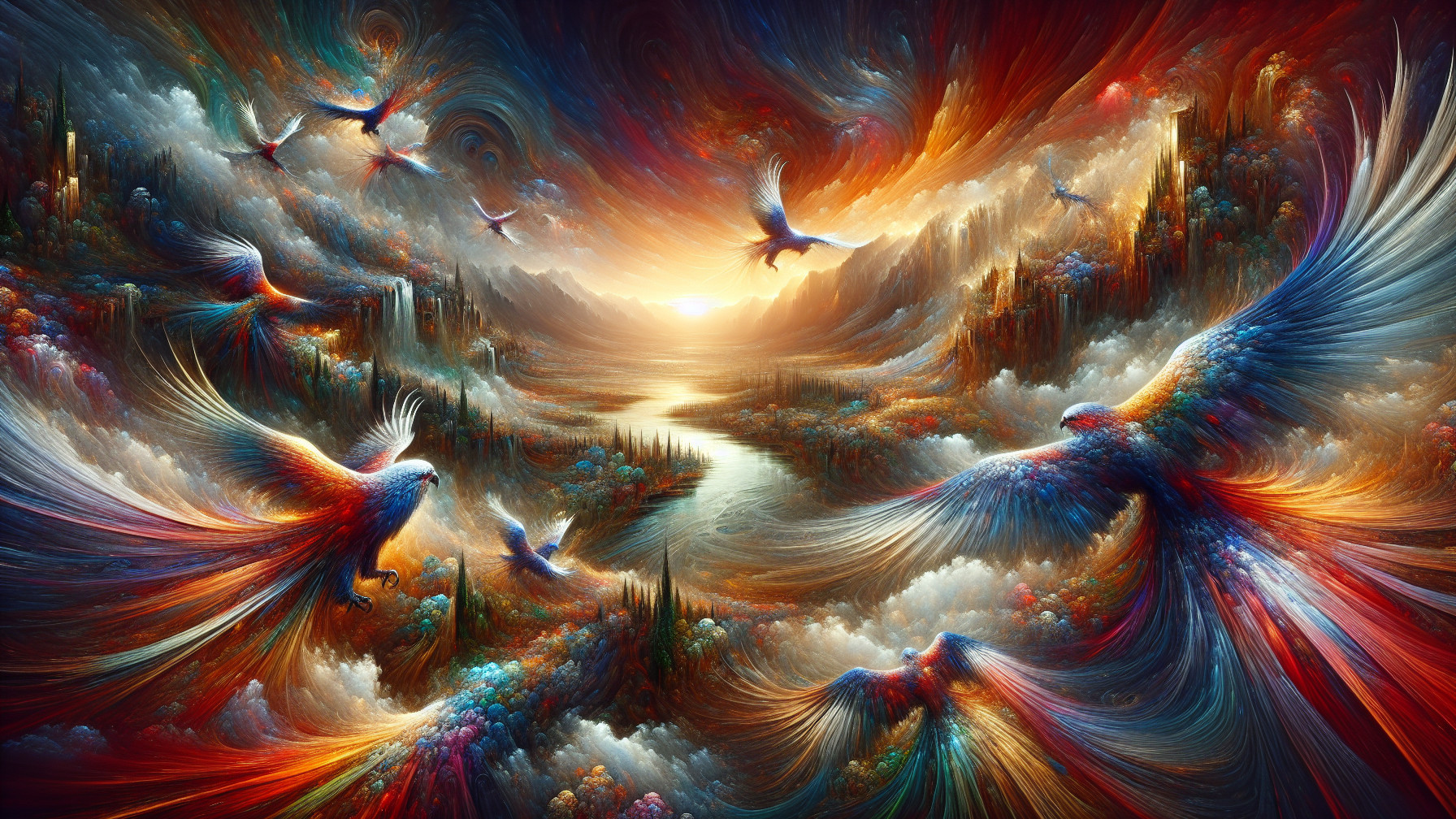 Surreal Landscape with Colorful Birds and River