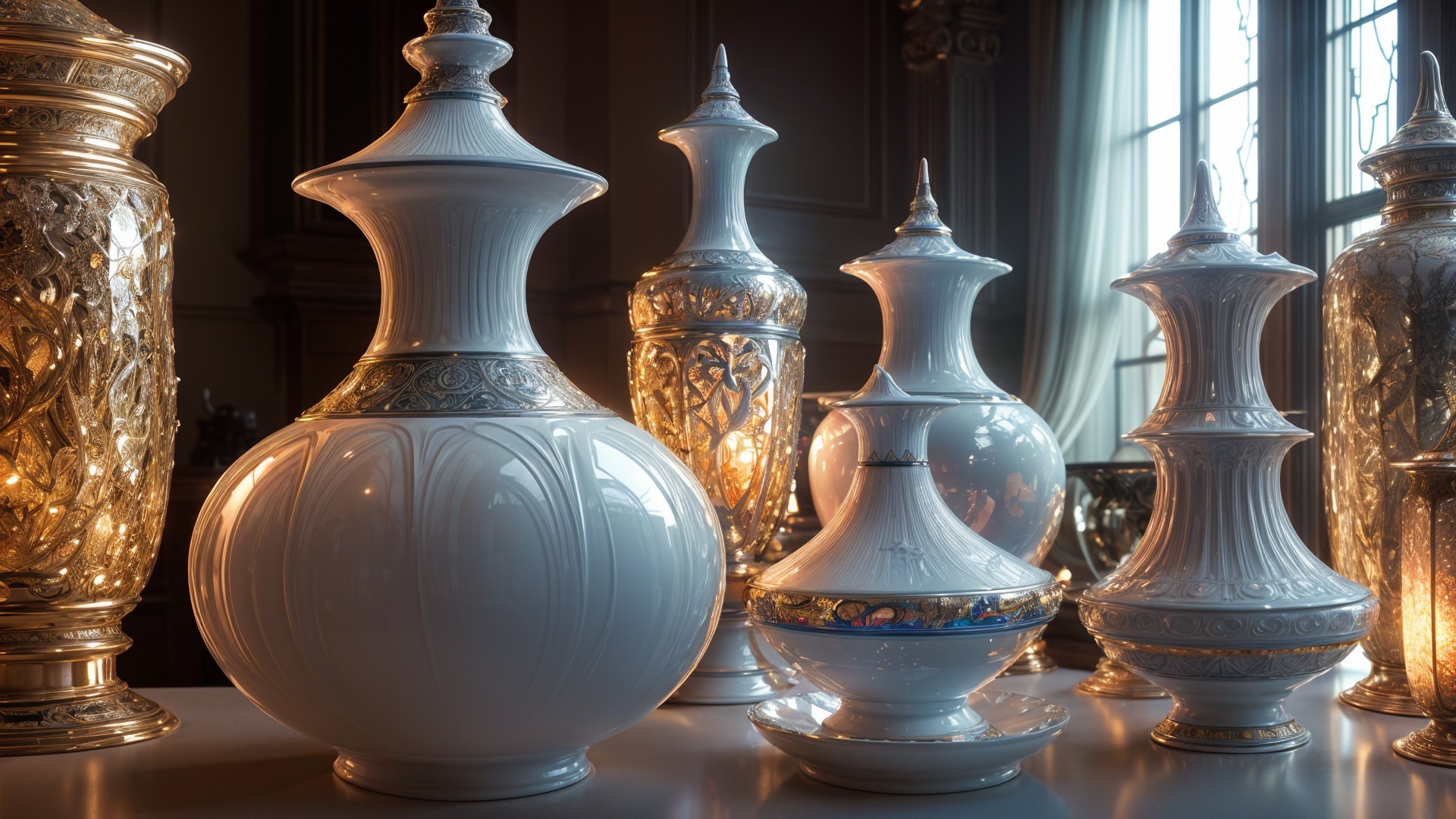 Elegant Ceramic Vases with Intricate Designs and Curves