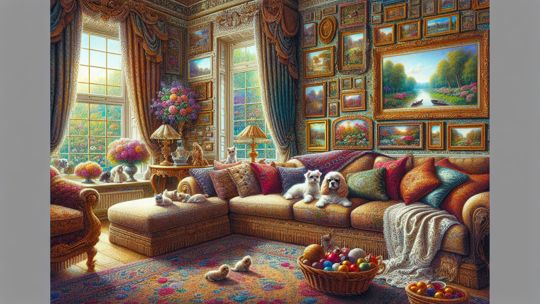 Cozy Opulent Living Room with Vibrant Decor and Pets