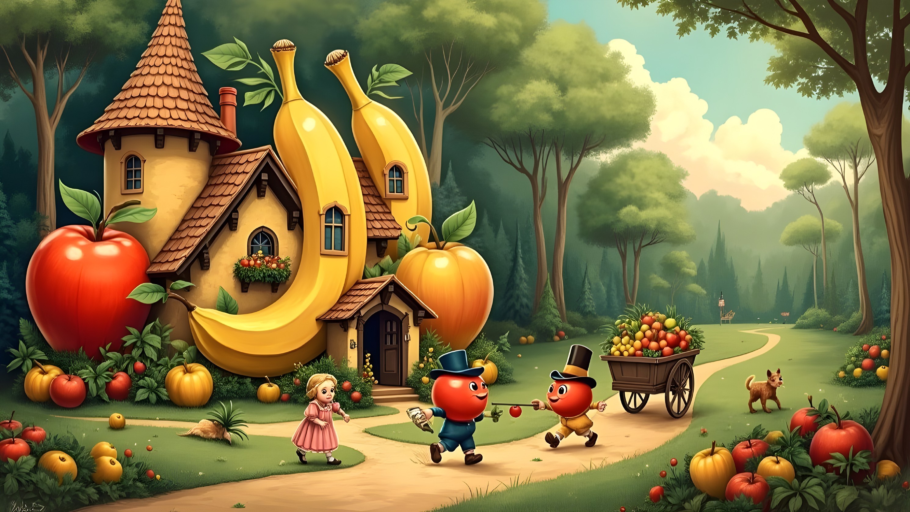 Whimsical Cottage Surrounded by Oversized Fruits