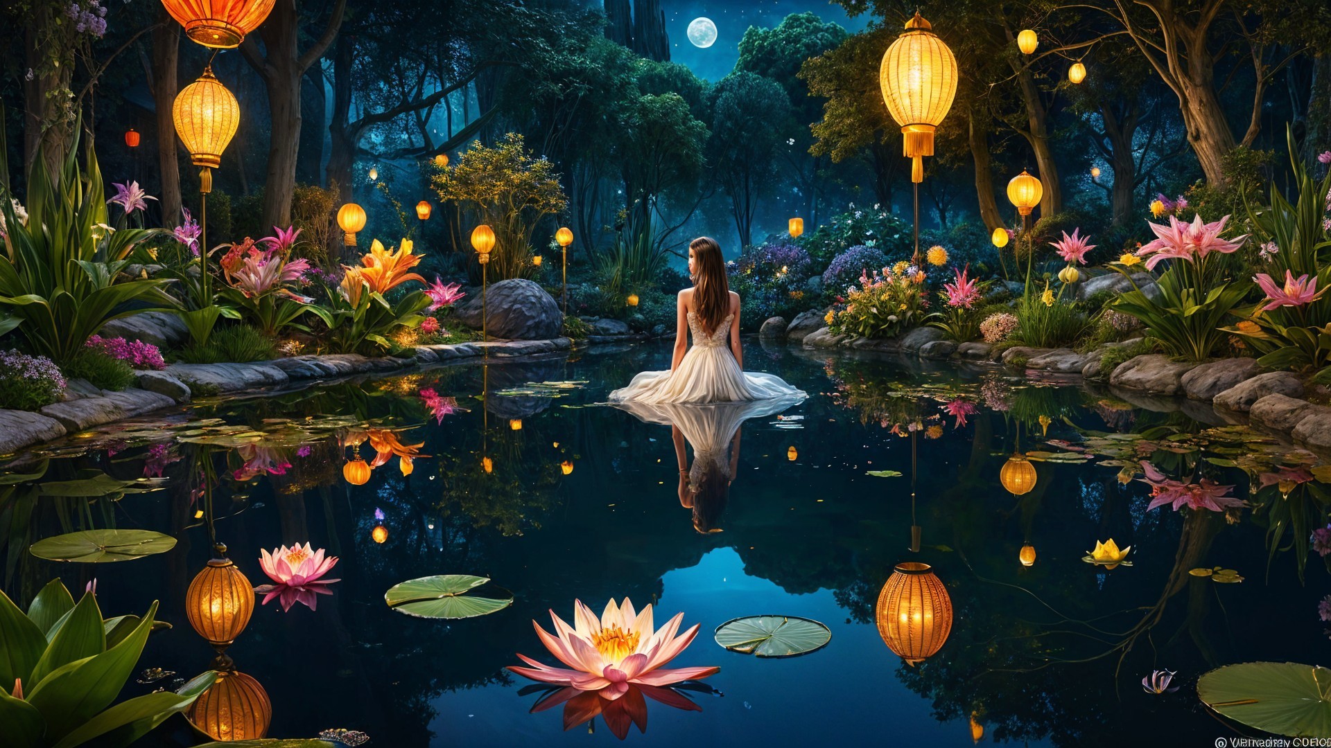 Serene Night Scene in a Lush Garden with Lanterns