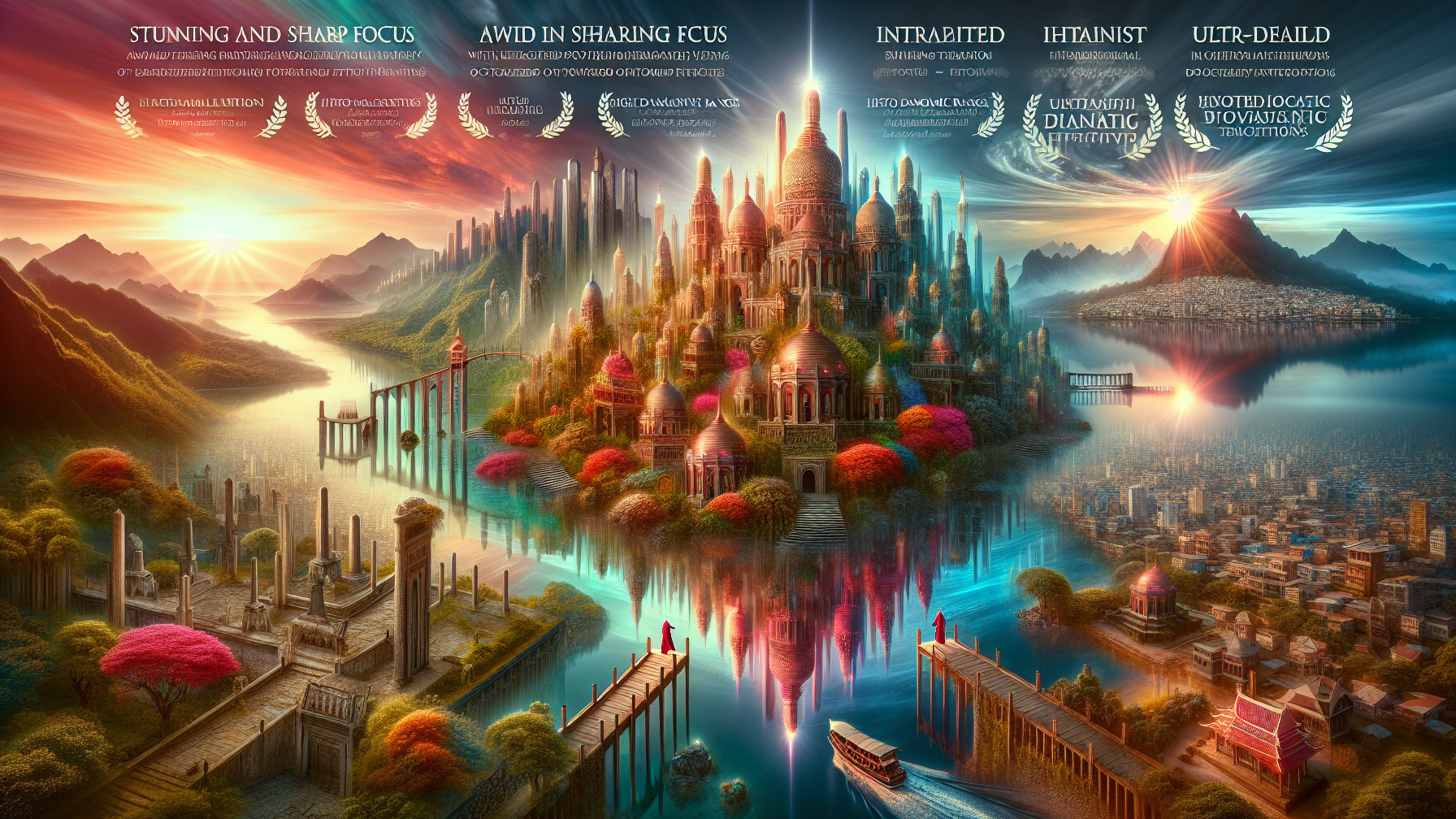 Vibrant Floating Island City with Sunset Reflections
