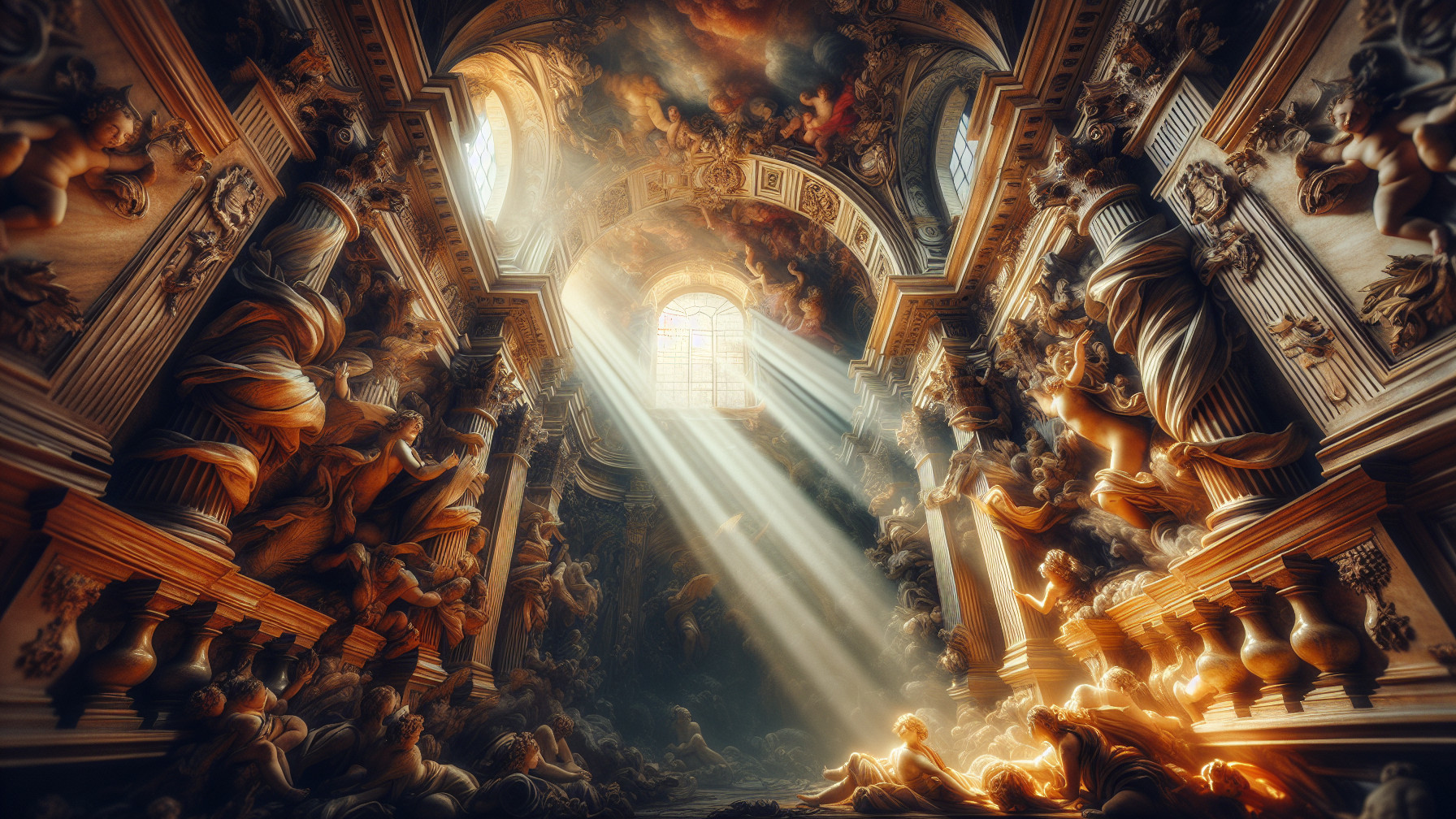Opulent Baroque Church Interior with Stained Glass Light