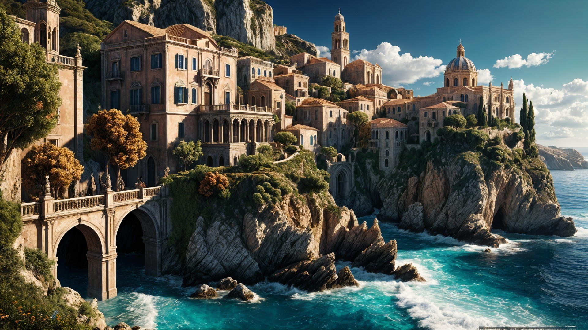 Coastal Village with Ornate Architecture and Cliffs