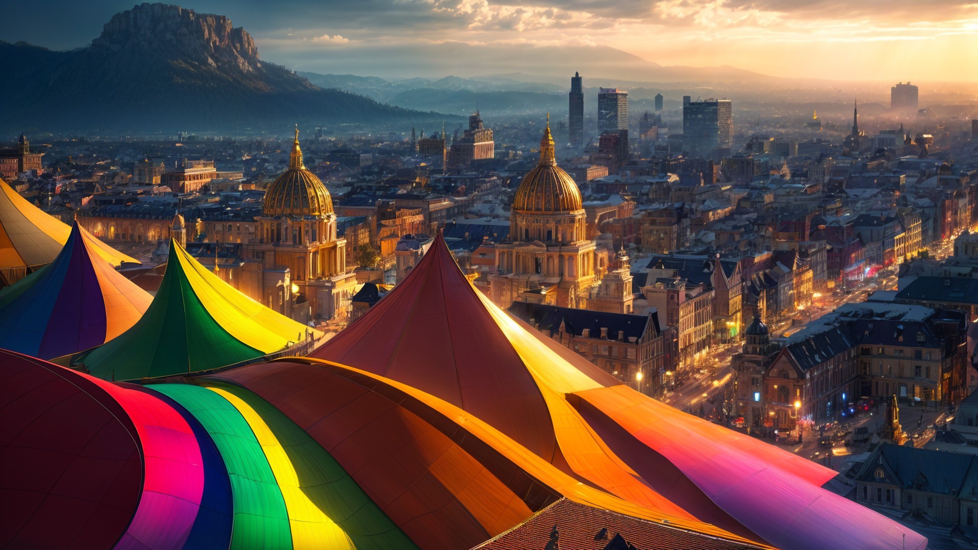 Vibrant Cityscape at Sunset with Skyscrapers and Tents