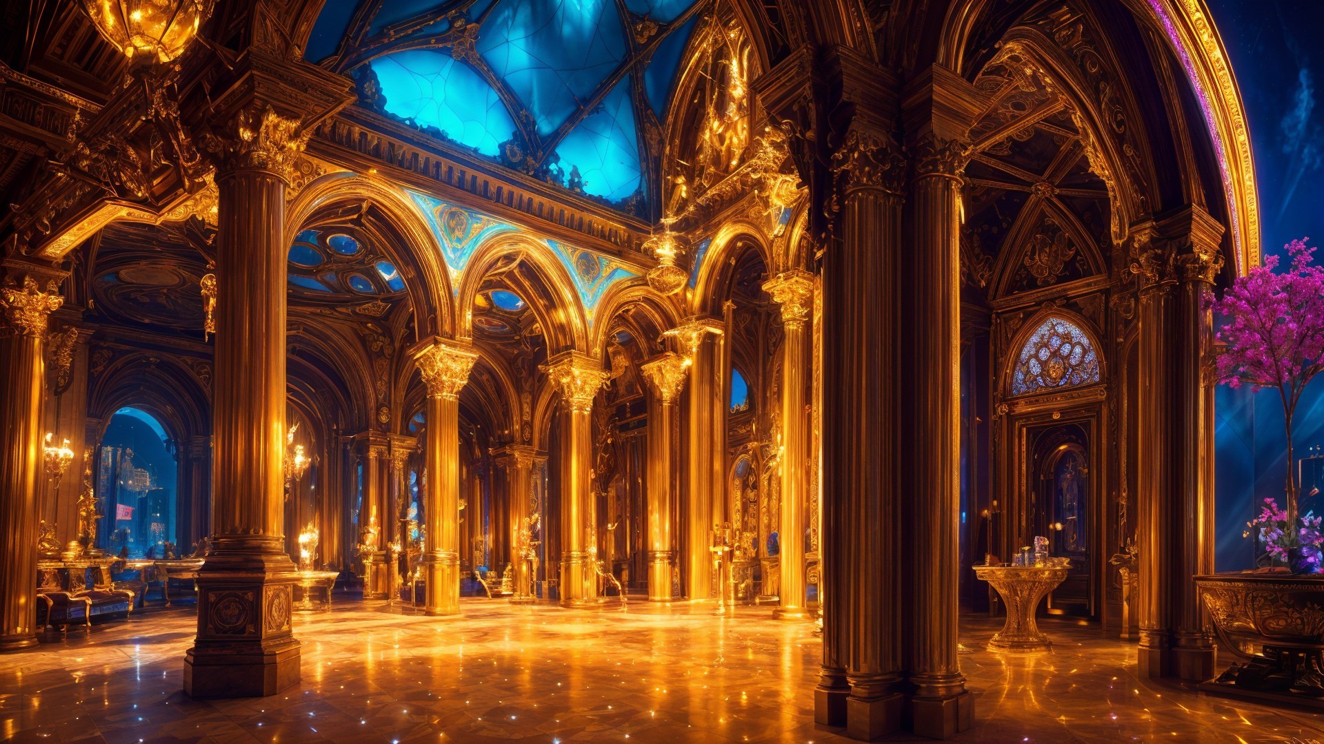 Opulent hall with golden details and blue glass ceiling