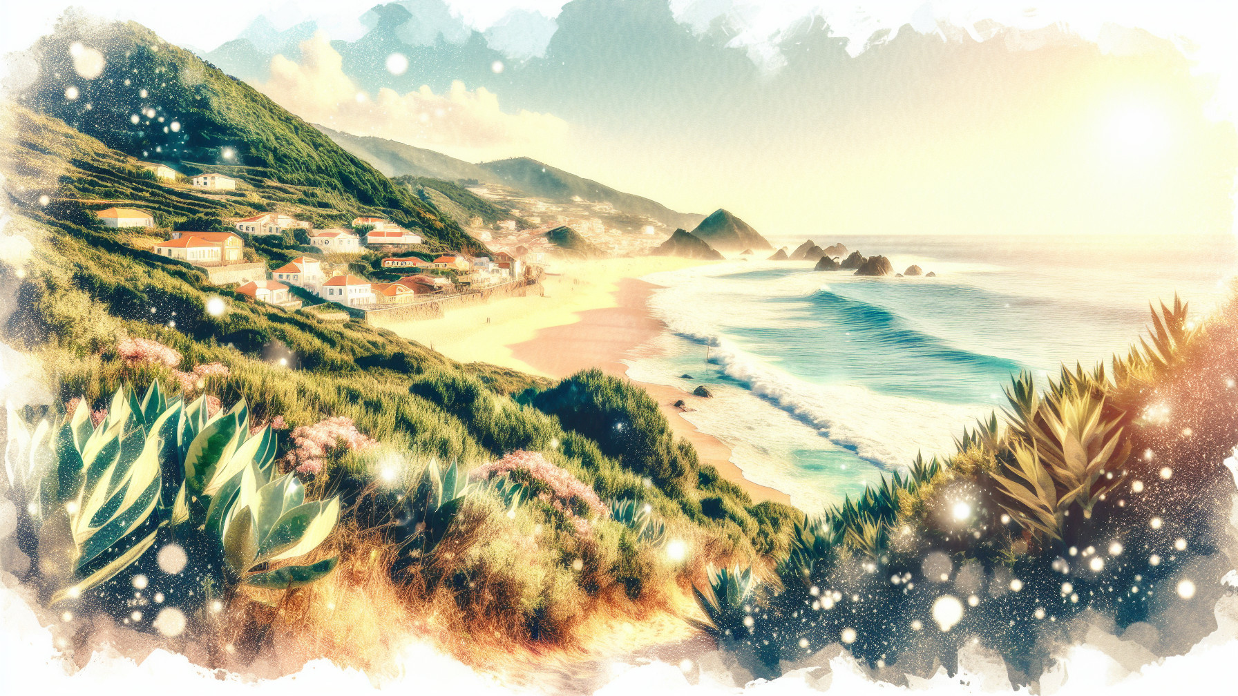 Coastal Landscape with Beach and Lush Green Hills