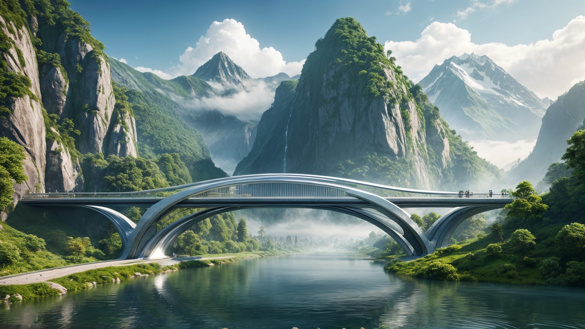 Modern bridge over a calm river with mountains backdrop