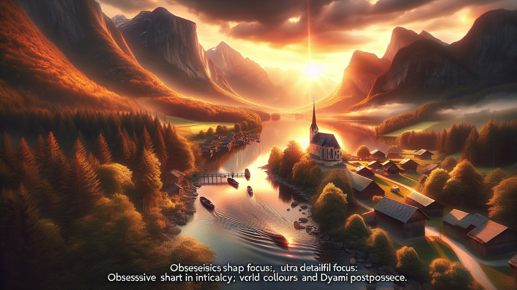 Serene Sunset Landscape with River and Village