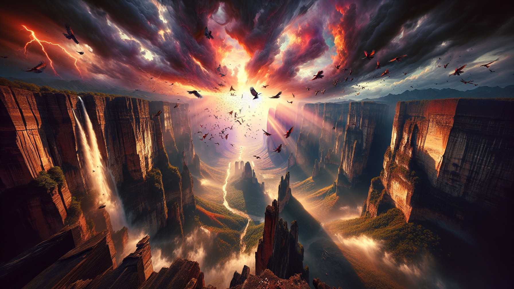Dramatic Sunset Over Cliffs and Waterfalls Landscape