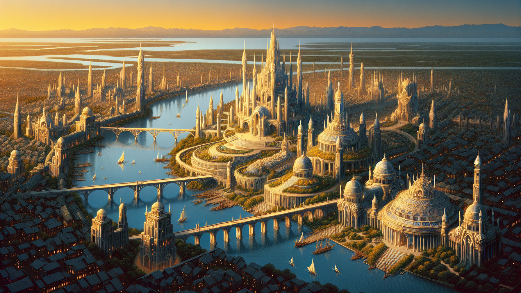 Golden Cityscape with Spires and Waterways
