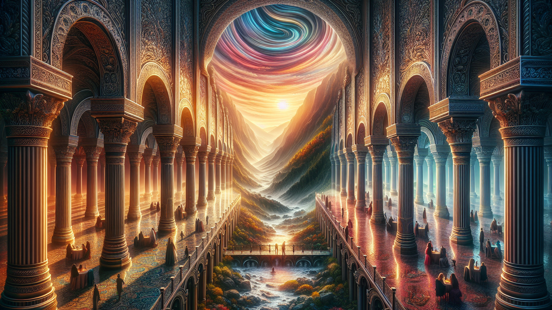 Intricate Arches and Columns in a Sunset Scene