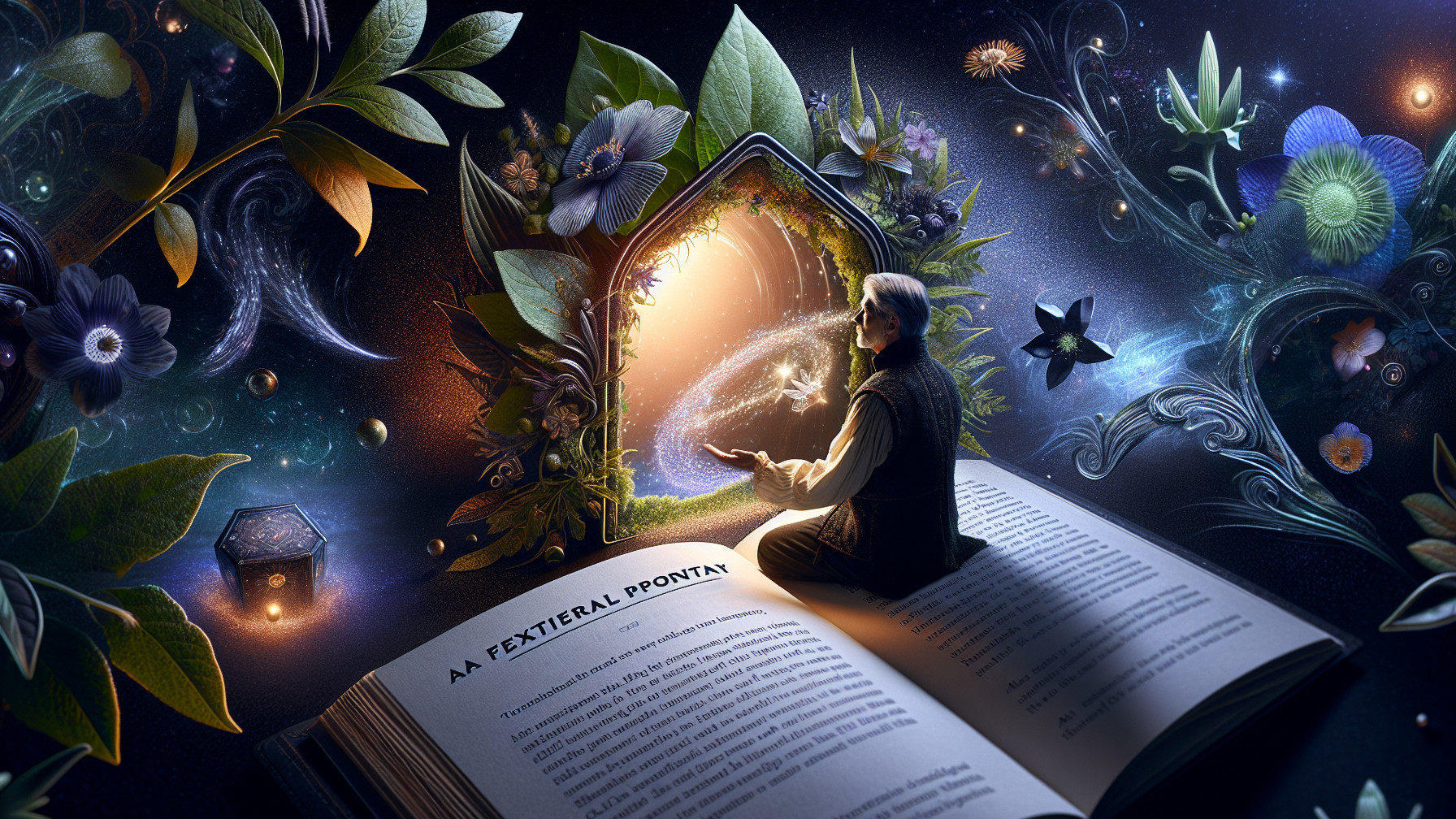 Serene Figure with Open Book in Mystical Landscape