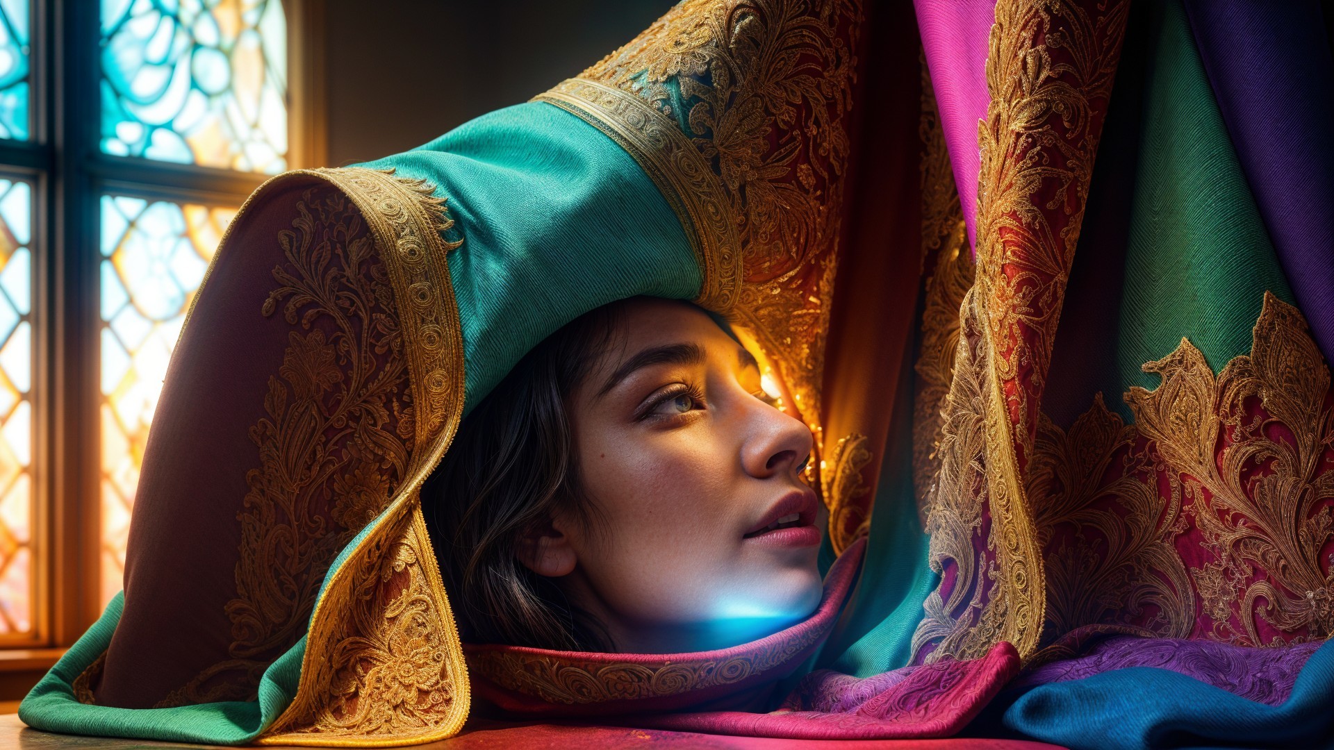 Young woman under vibrant patterned fabric with soft light