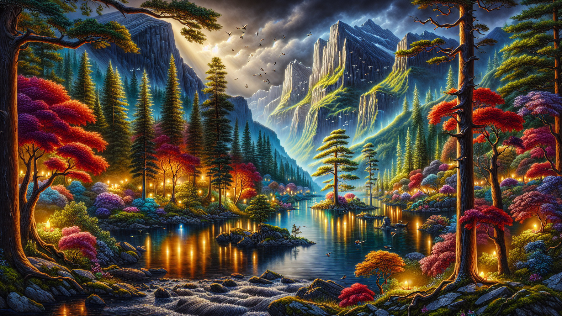 Vibrant Autumn Landscape with Serene Lake and Mountains