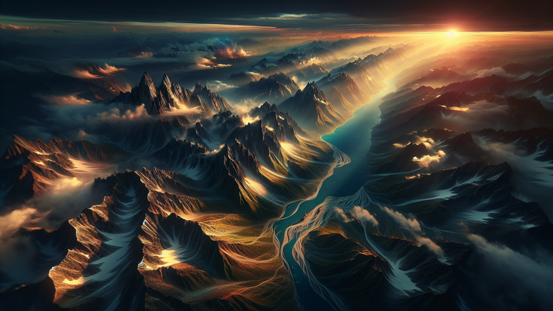 Aerial View of Rugged Mountains at Sunrise