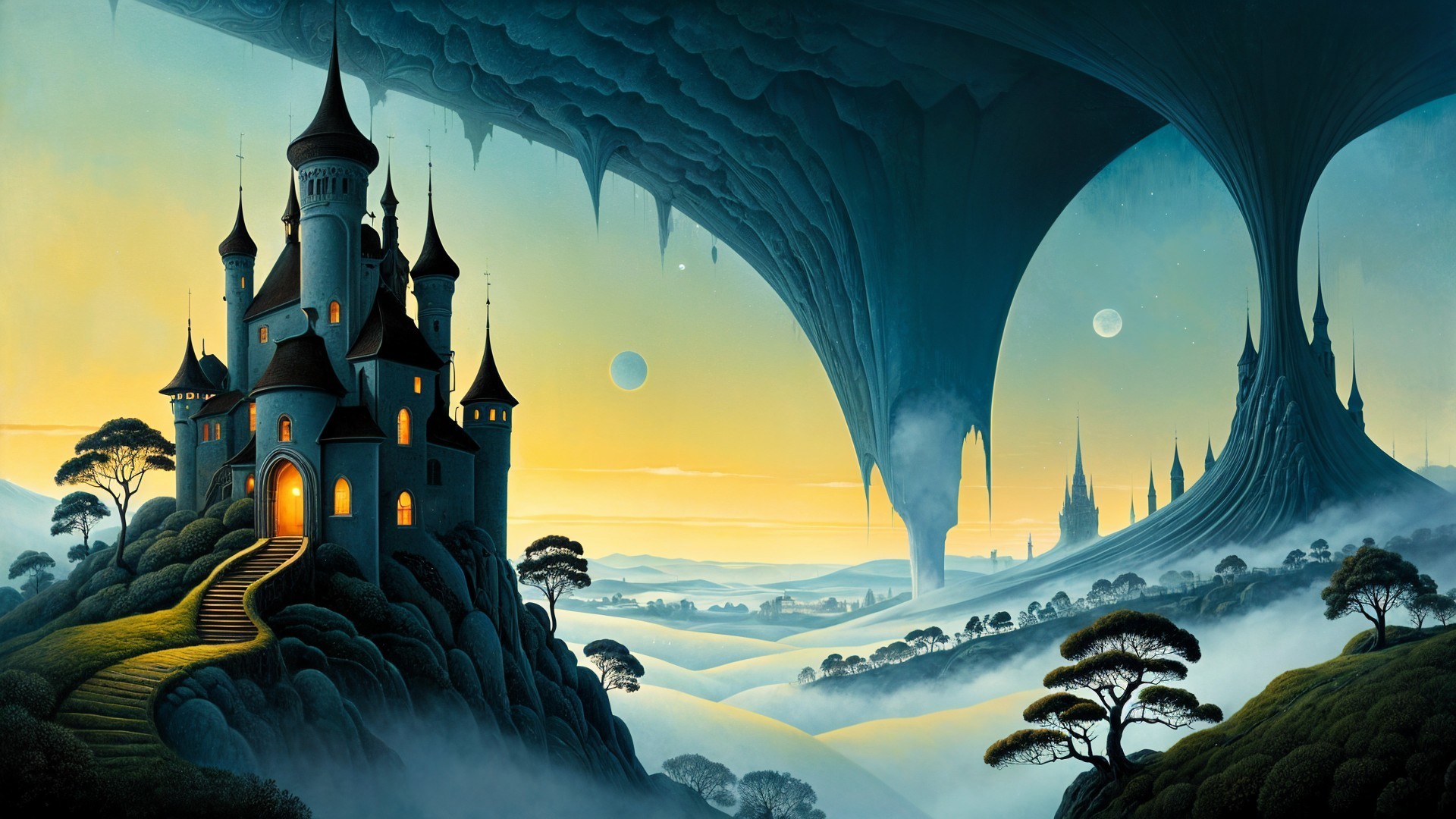 Fantastical castle on a hill with ethereal surroundings