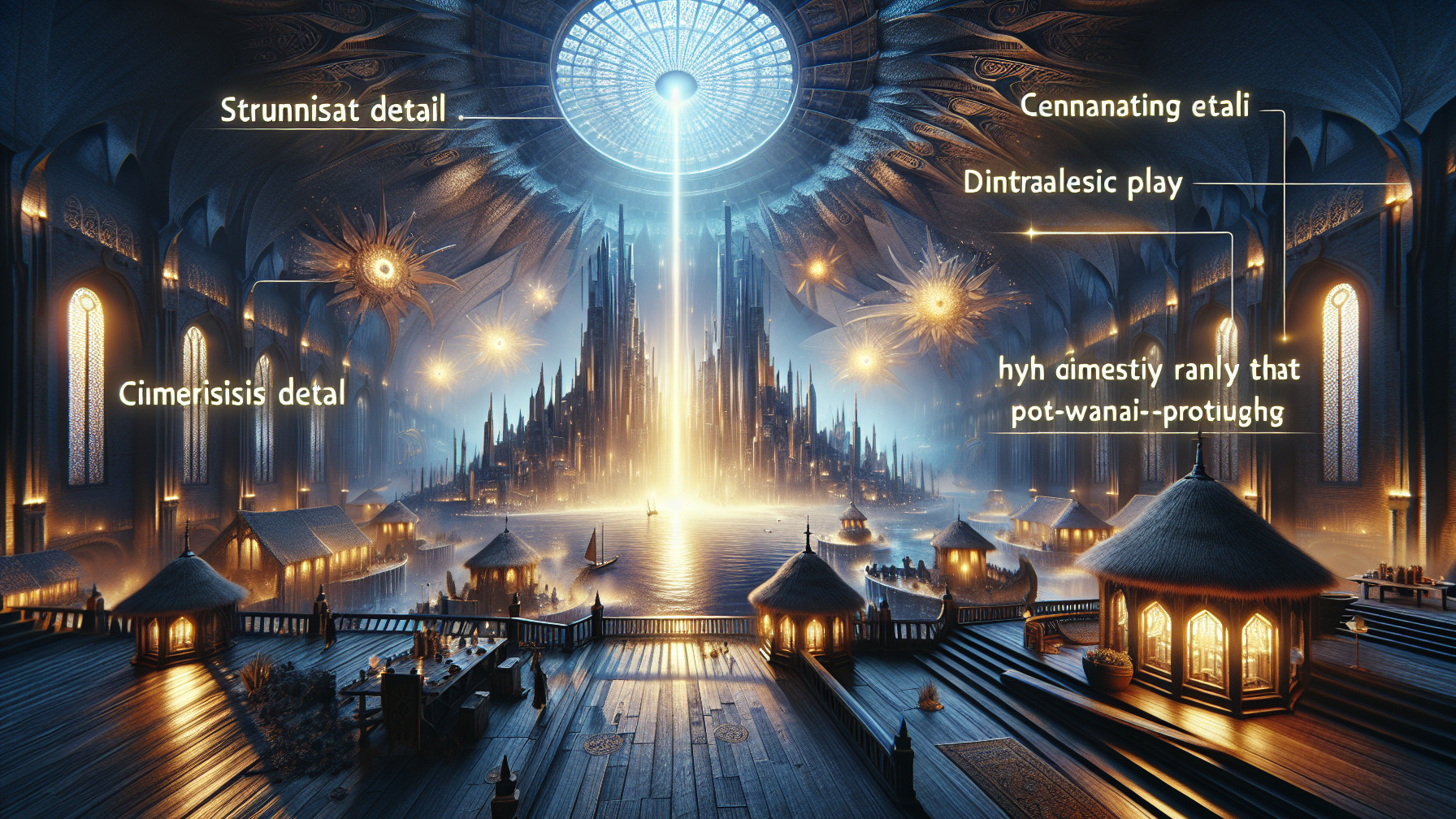 Intricate Hall with Radiant Light and Serene Water