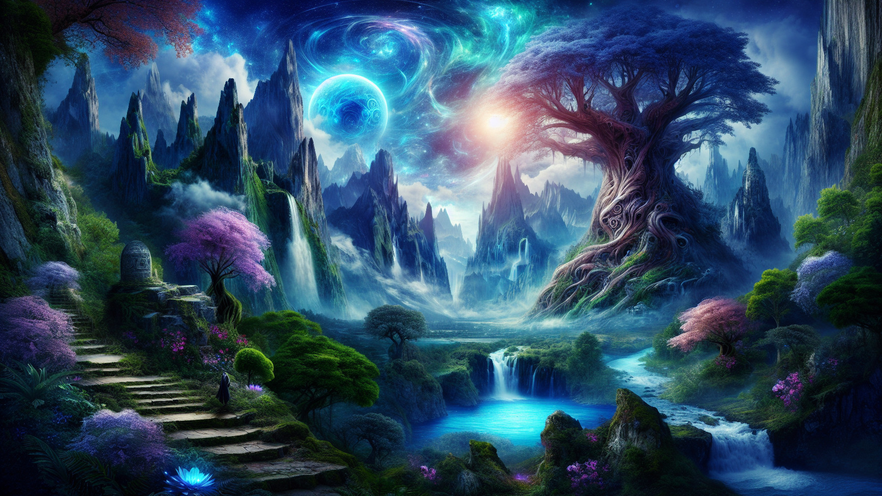 Fantastical Landscape with Mountains and Ancient Tree