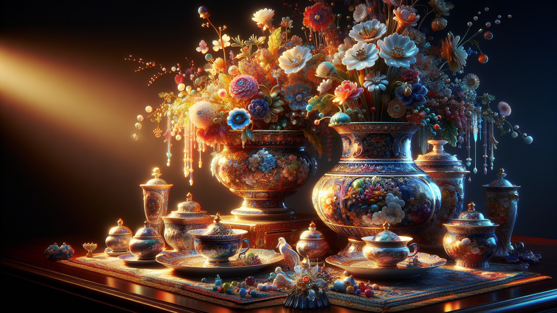 Intricate Porcelain Tableware with Colorful Floral Display