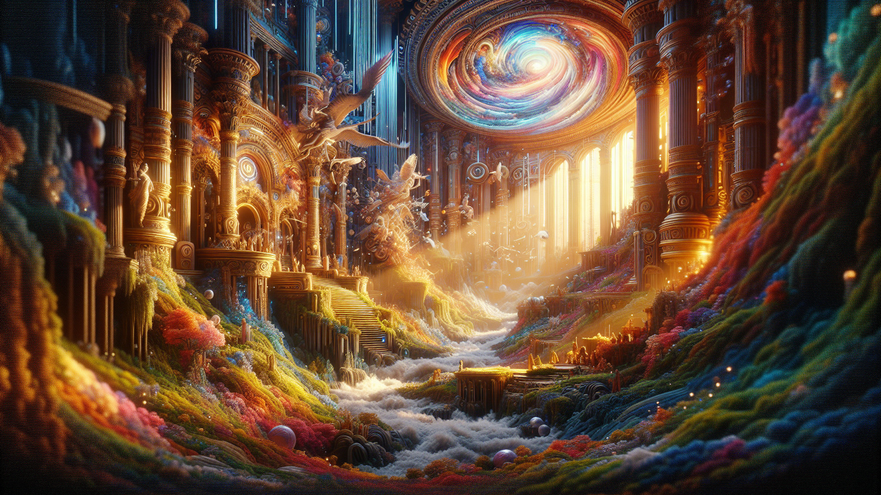 Vibrant Otherworldly Landscape with Ethereal Elements