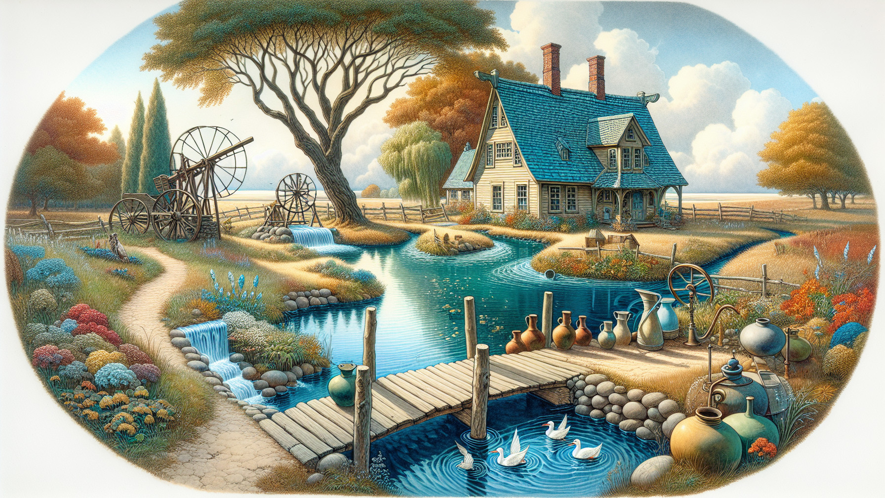 Charming Cottage by Stream in Serene Countryside Scene