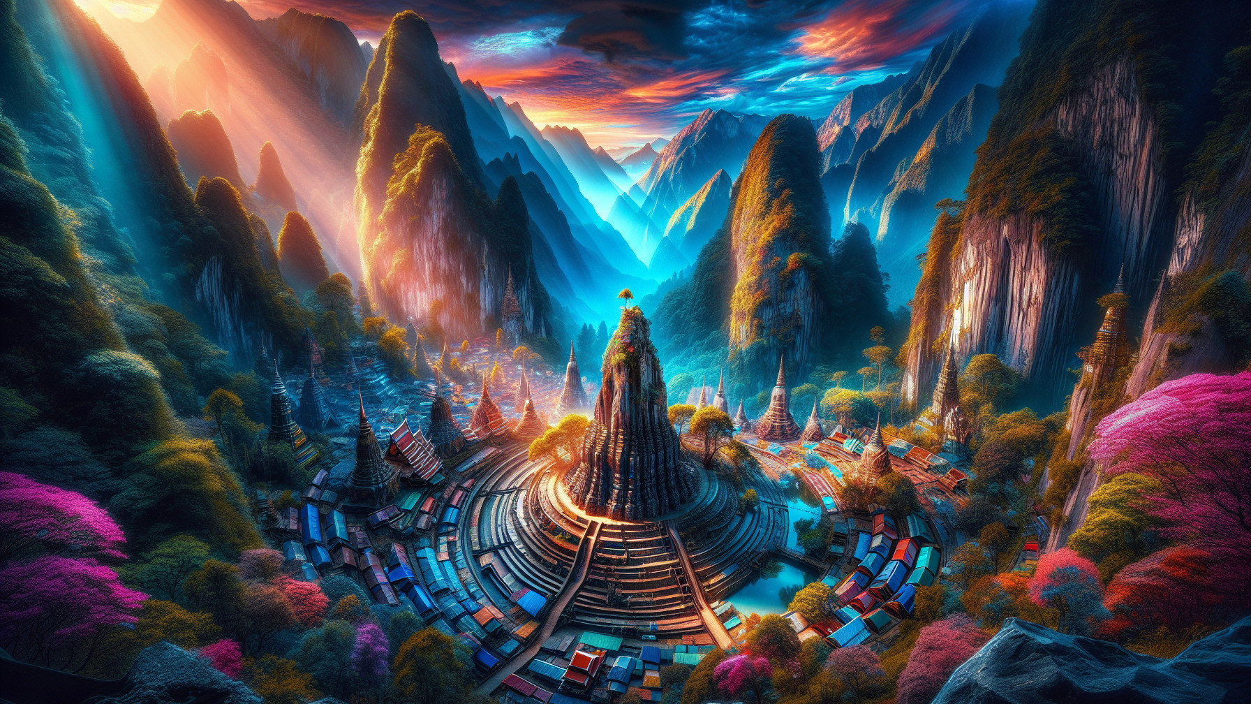 Vibrant mystical city in a breathtaking landscape