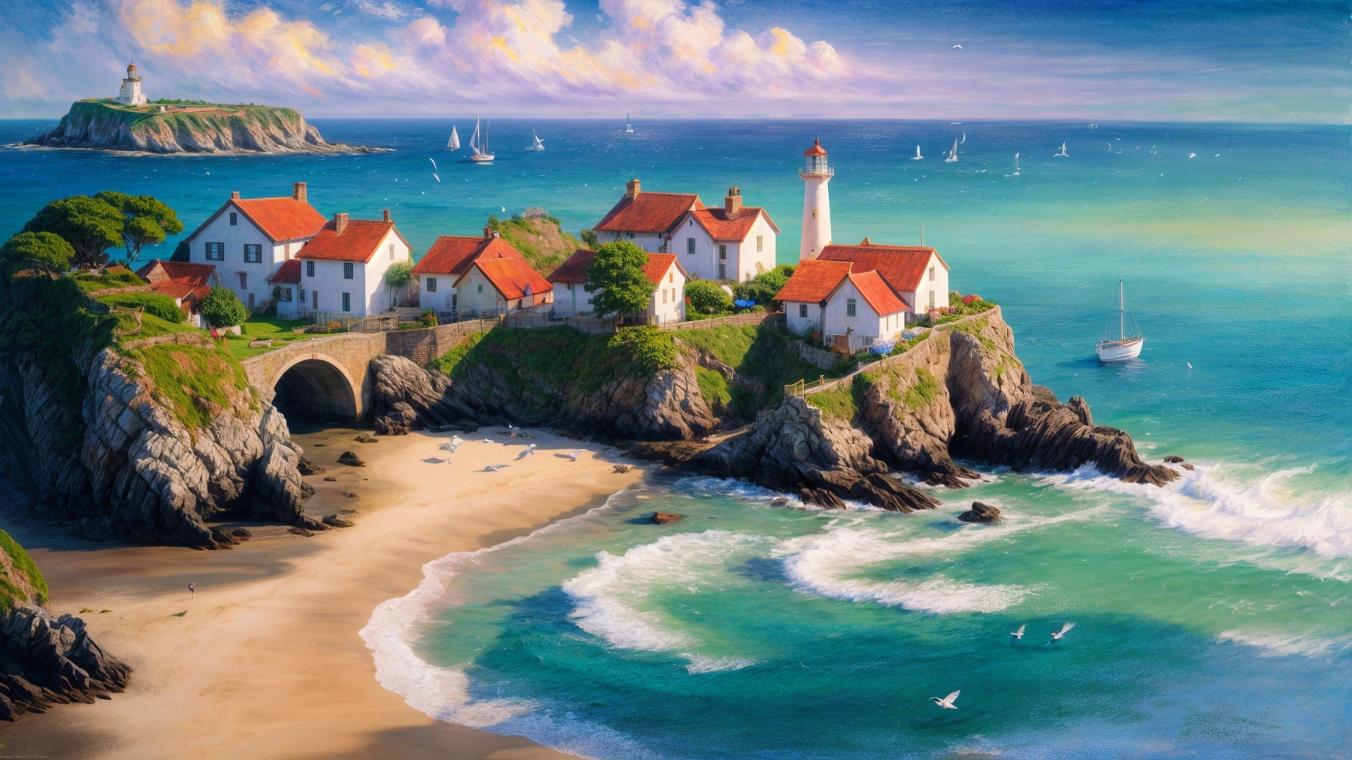 Coastal Village with Lighthouse and Sailboats at Sunset