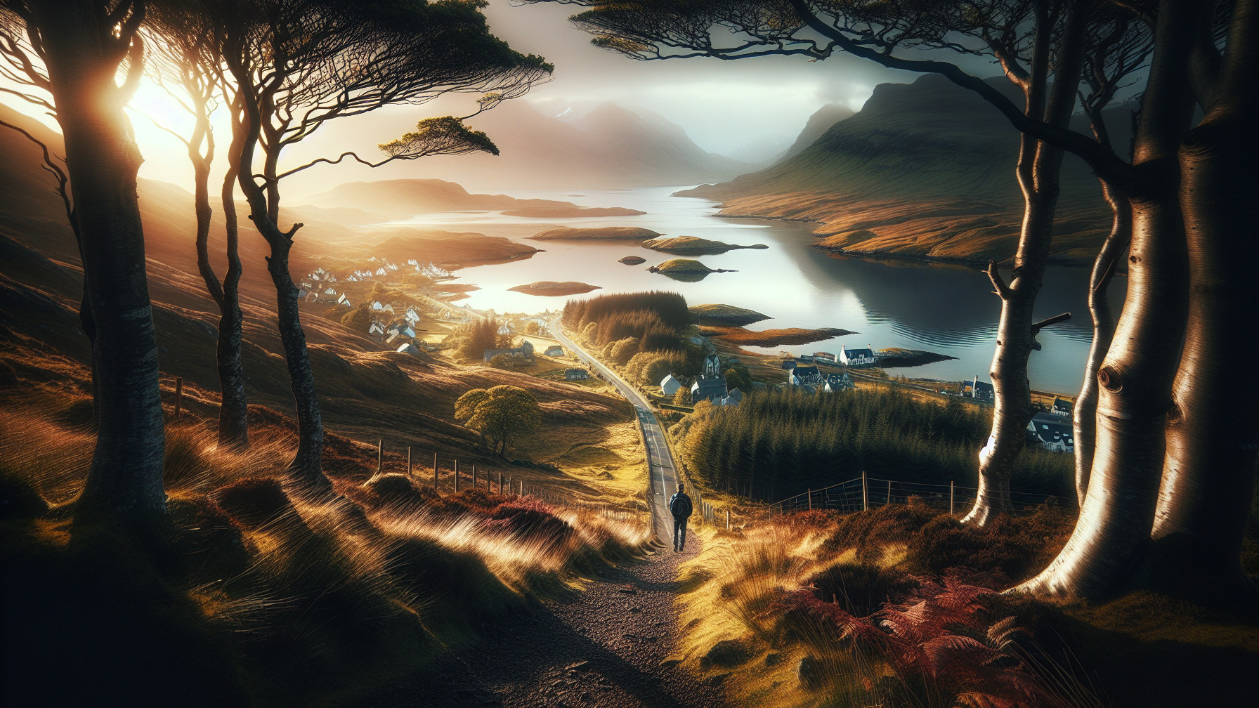 Scenic Landscape with Winding Path and Tranquil Lake