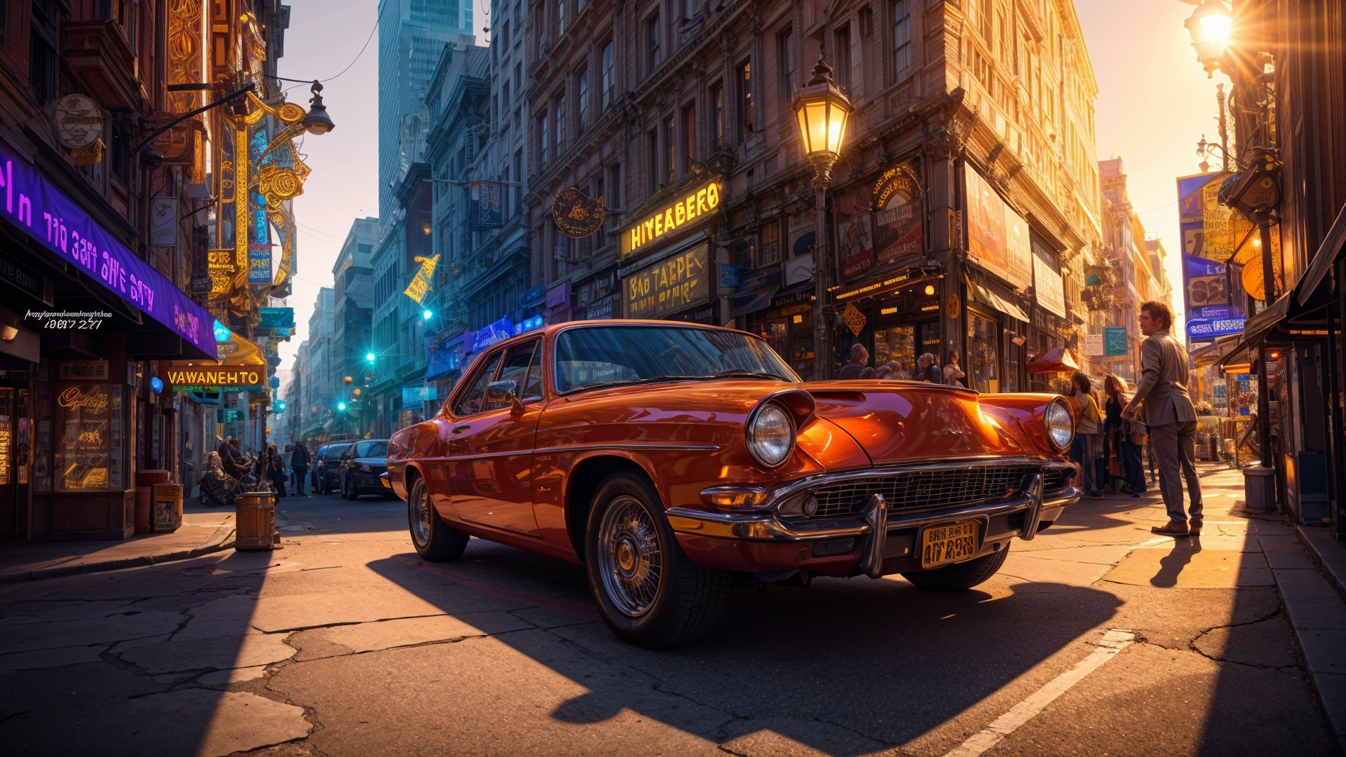 Vibrant Urban Scene with Vintage Car and Cobblestone Streets