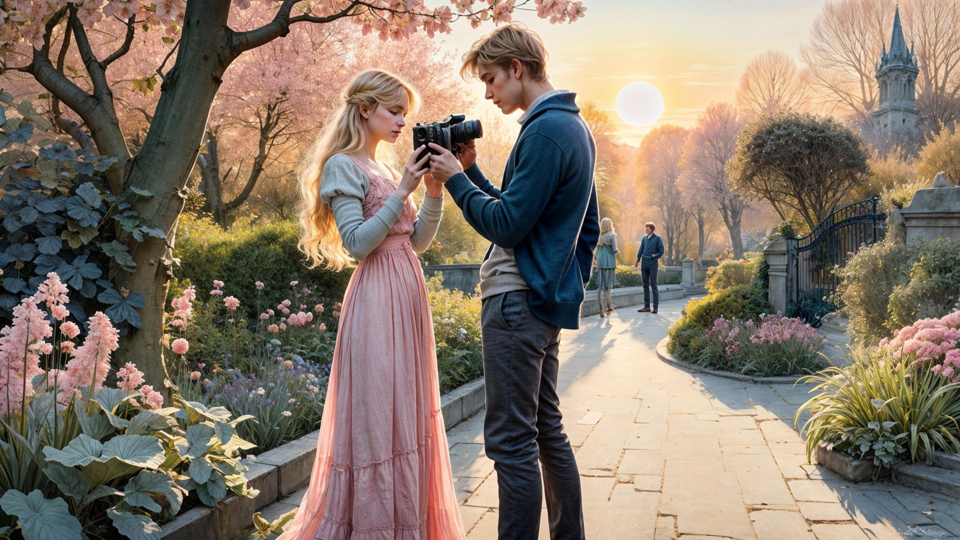 Couple in a Flower Garden with Warm Sunlight