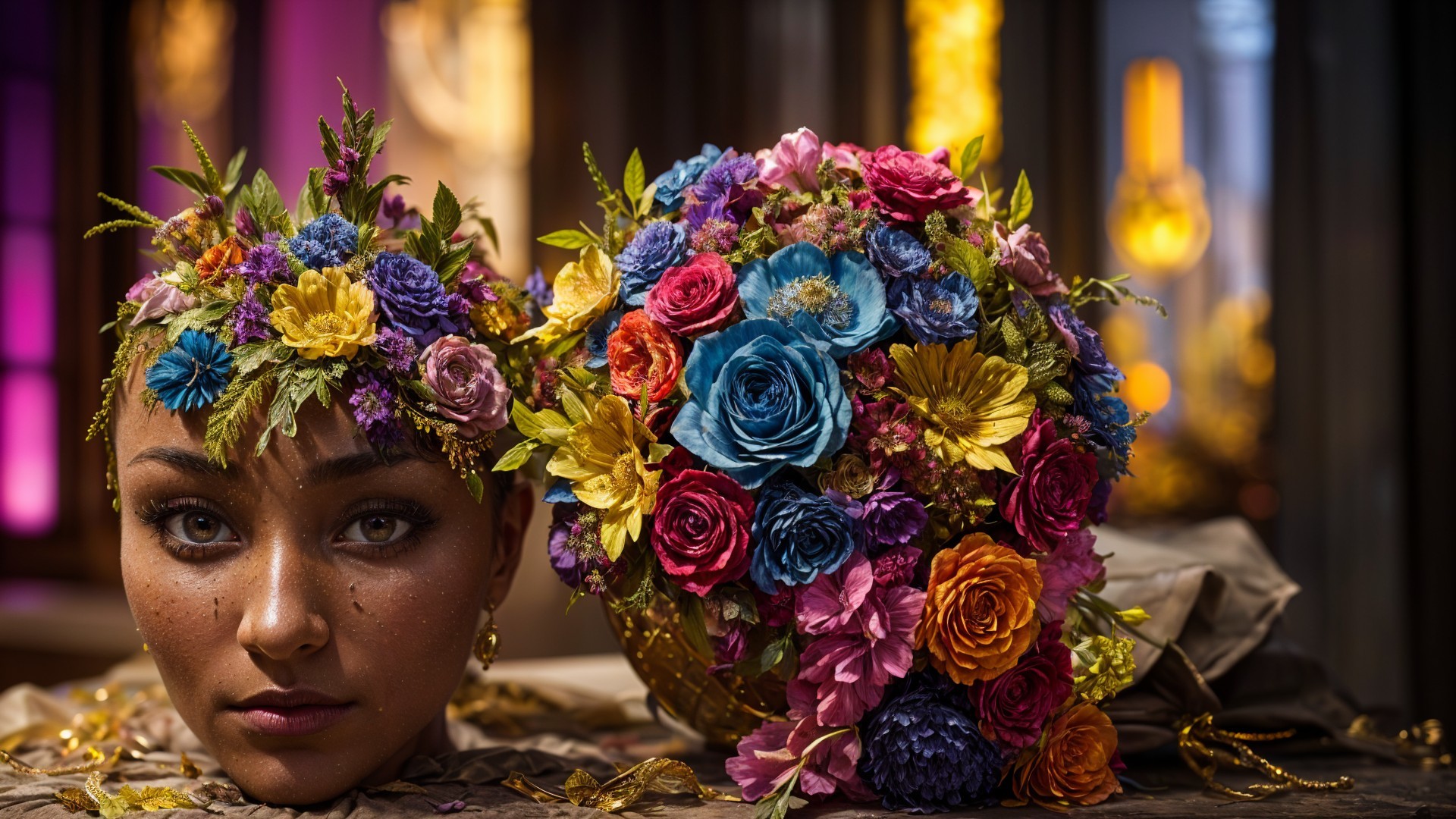 Portrait of a woman with floral headpiece and blooms