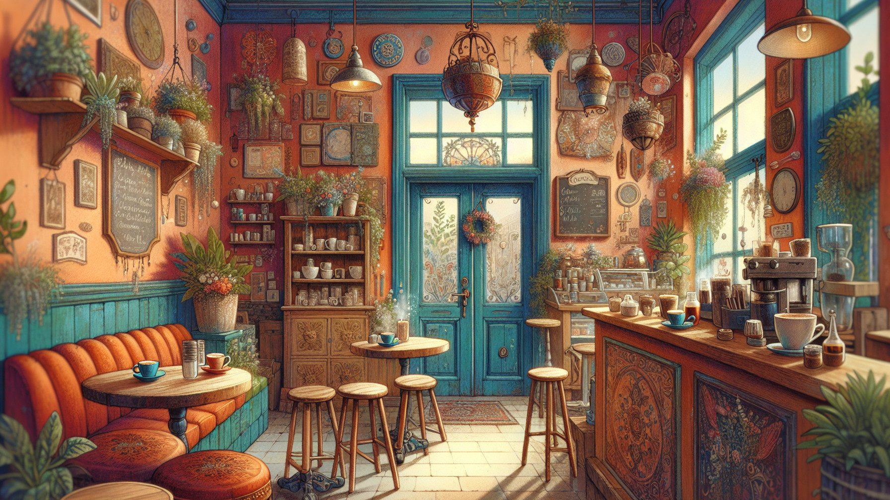 Charming café interior with warm orange walls and plants
