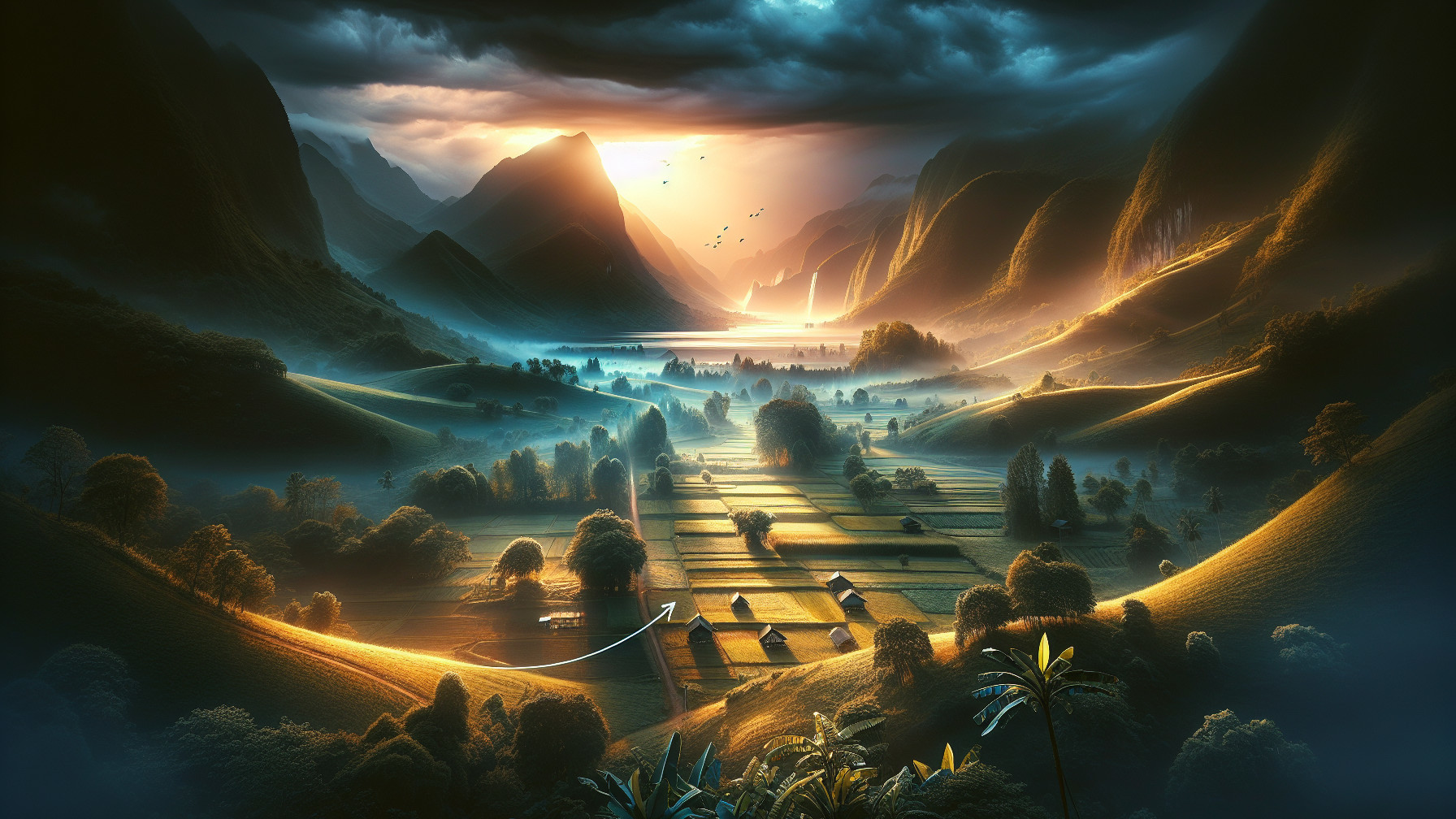Stunning Dawn Landscape with Hills and Tranquil Lake